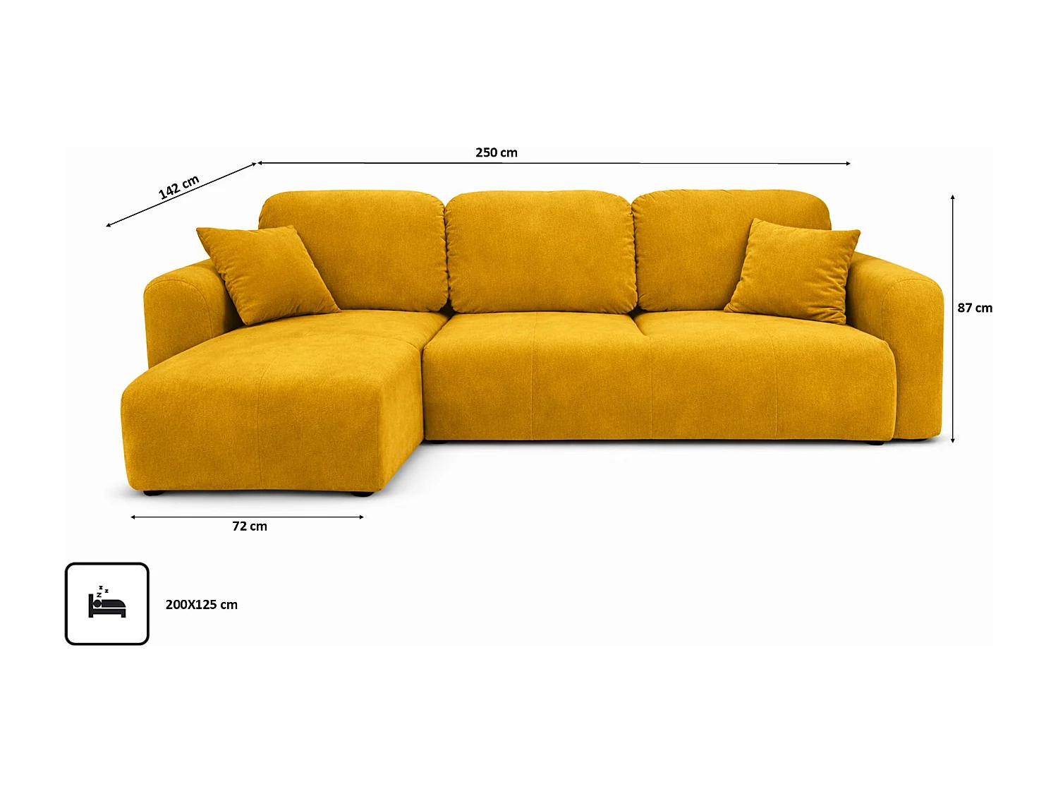 Narożnik w kształcie L z funkcją spania i pojemnikiem Bingo L, tkanina welurowa Salvador, Żółty, Lewy
