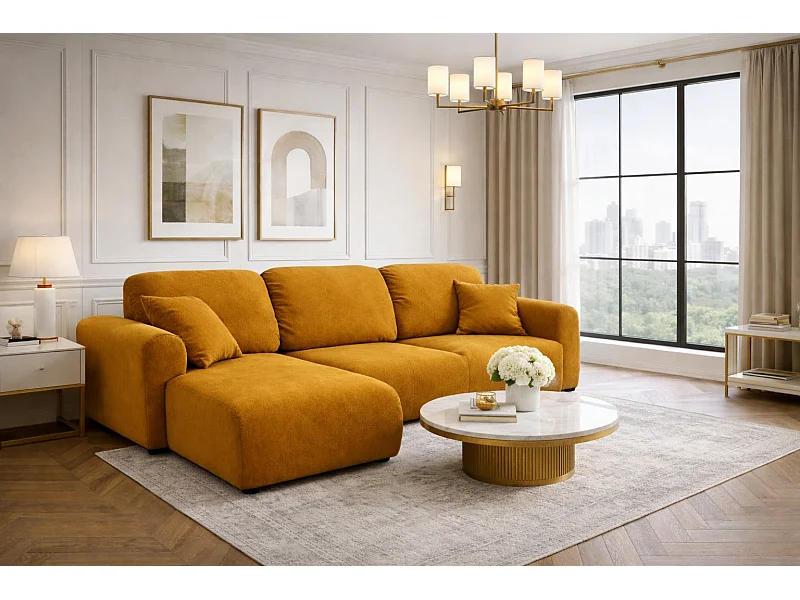 Narożnik w kształcie L z funkcją spania i pojemnikiem Bingo L, tkanina welurowa Salvador, Żółty, Lewy