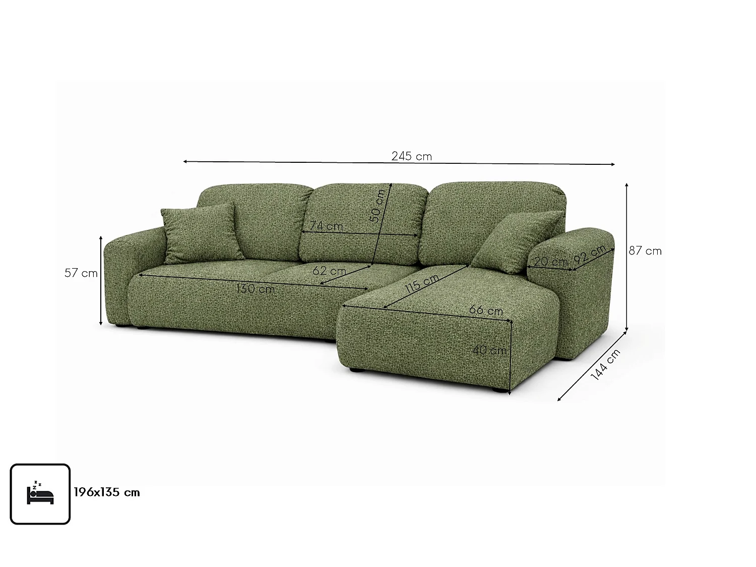 Divano angolare con funzione letto e contenitore, Divano a L Bingo L, tessuto chenille Artico, Muschio, Destra