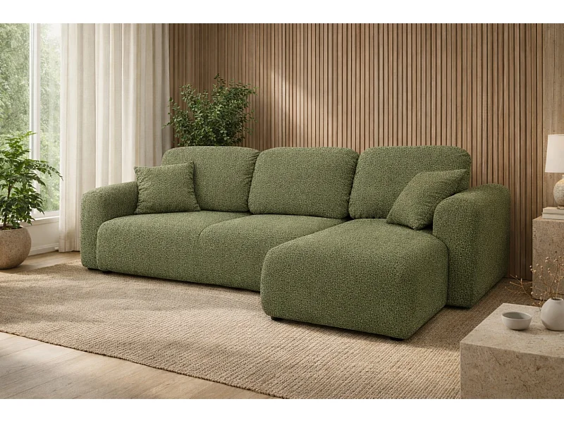 Divano angolare con funzione letto e contenitore, Divano a L Bingo L, tessuto chenille Artico, Muschio, Destra