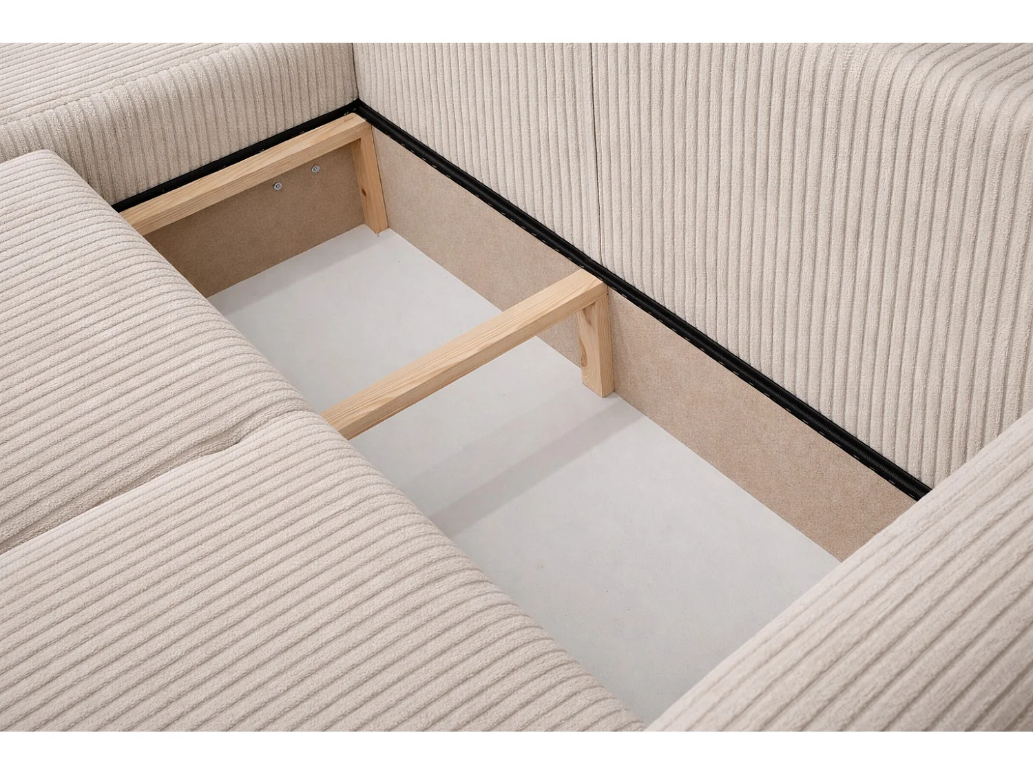 Narożnik w kształcie L z funkcją spania i pojemnikiem Bingo L, tkanina sztruksowa Poso, Beżowy, Lewy