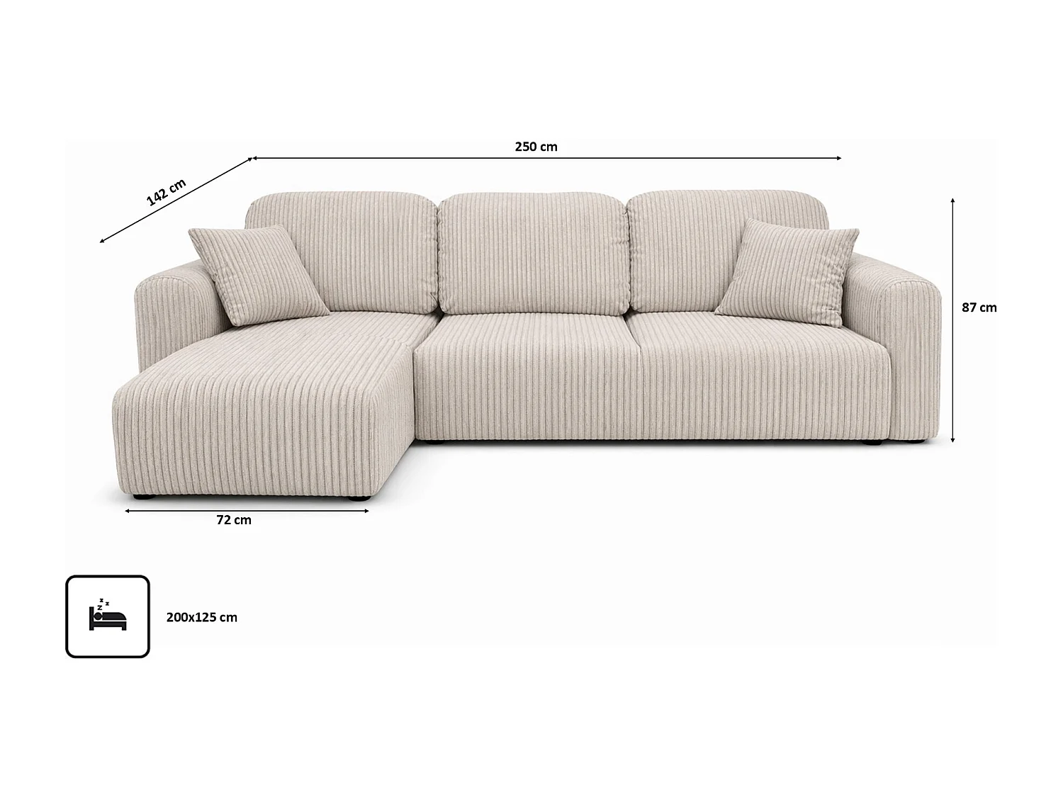 Narożnik w kształcie L z funkcją spania i pojemnikiem Bingo L, tkanina sztruksowa Poso, Beżowy, Lewy