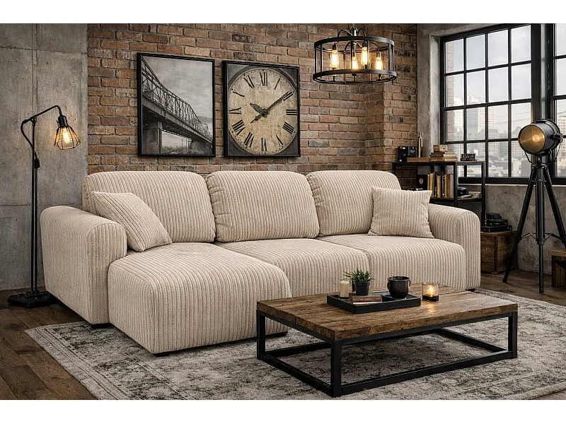 Divano angolare con funzione letto e contenitore, Divano a L Bingo L, tessuto a coste Poso, Beige, Sinistra