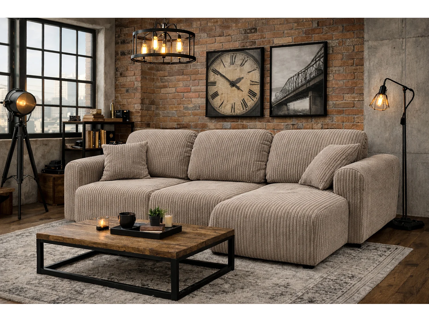 Narożnik w kształcie L z funkcją spania i pojemnikiem Bingo L, tkanina sztruksowa Poso, Ciemnobeżowy, Prawy