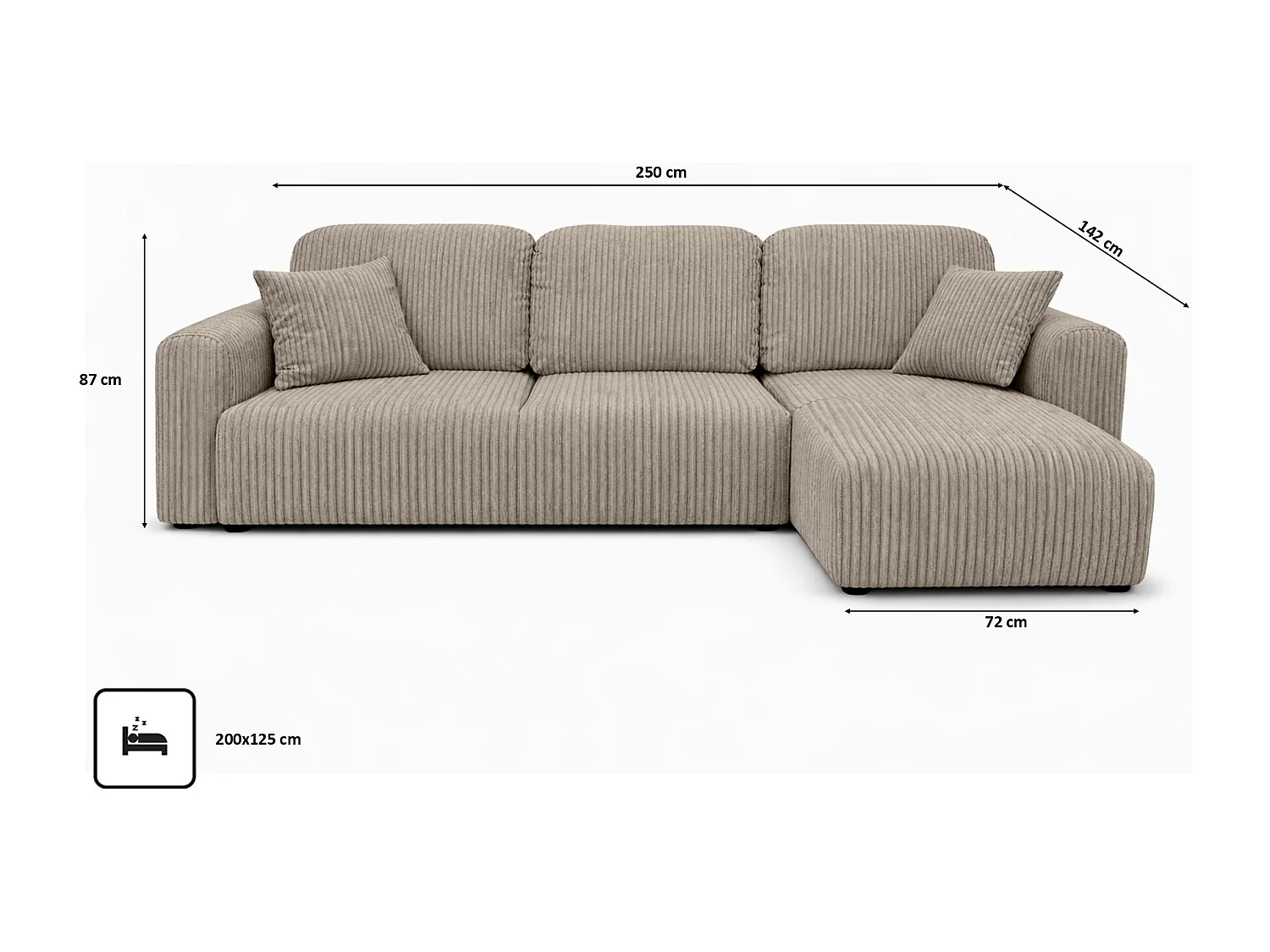 Narożnik w kształcie L z funkcją spania i pojemnikiem Bingo L, tkanina sztruksowa Poso, Ciemnobeżowy, Prawy