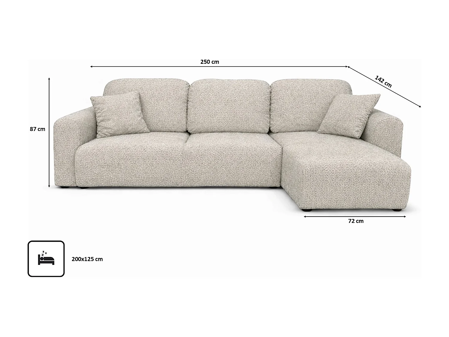 Divano angolare con funzione letto e contenitore, Divano a L Bingo L, tessuto chenille Artico, Nata, Destra