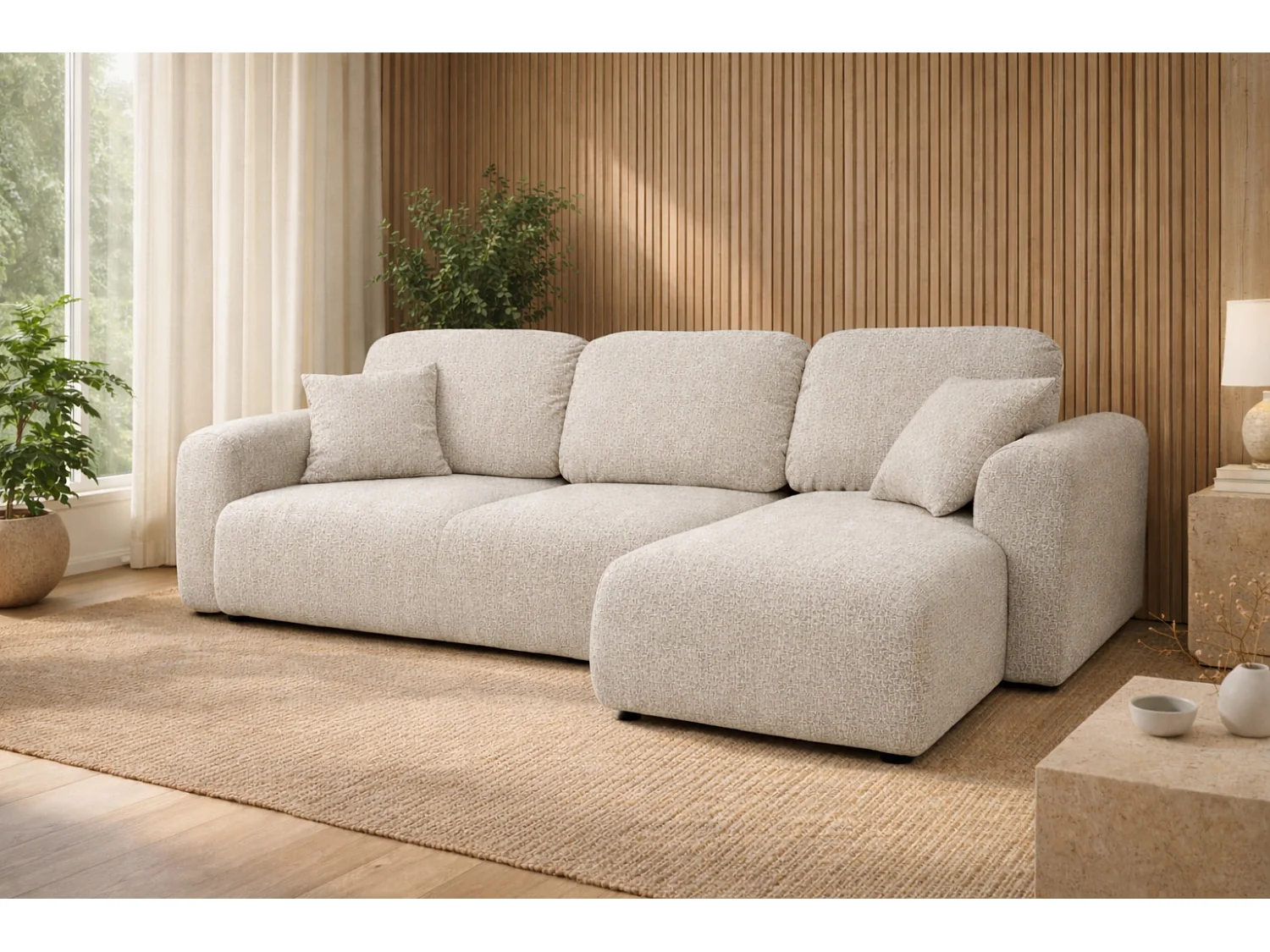 Divano angolare con funzione letto e contenitore, Divano a L Bingo L, tessuto chenille Artico, Nata, Destra