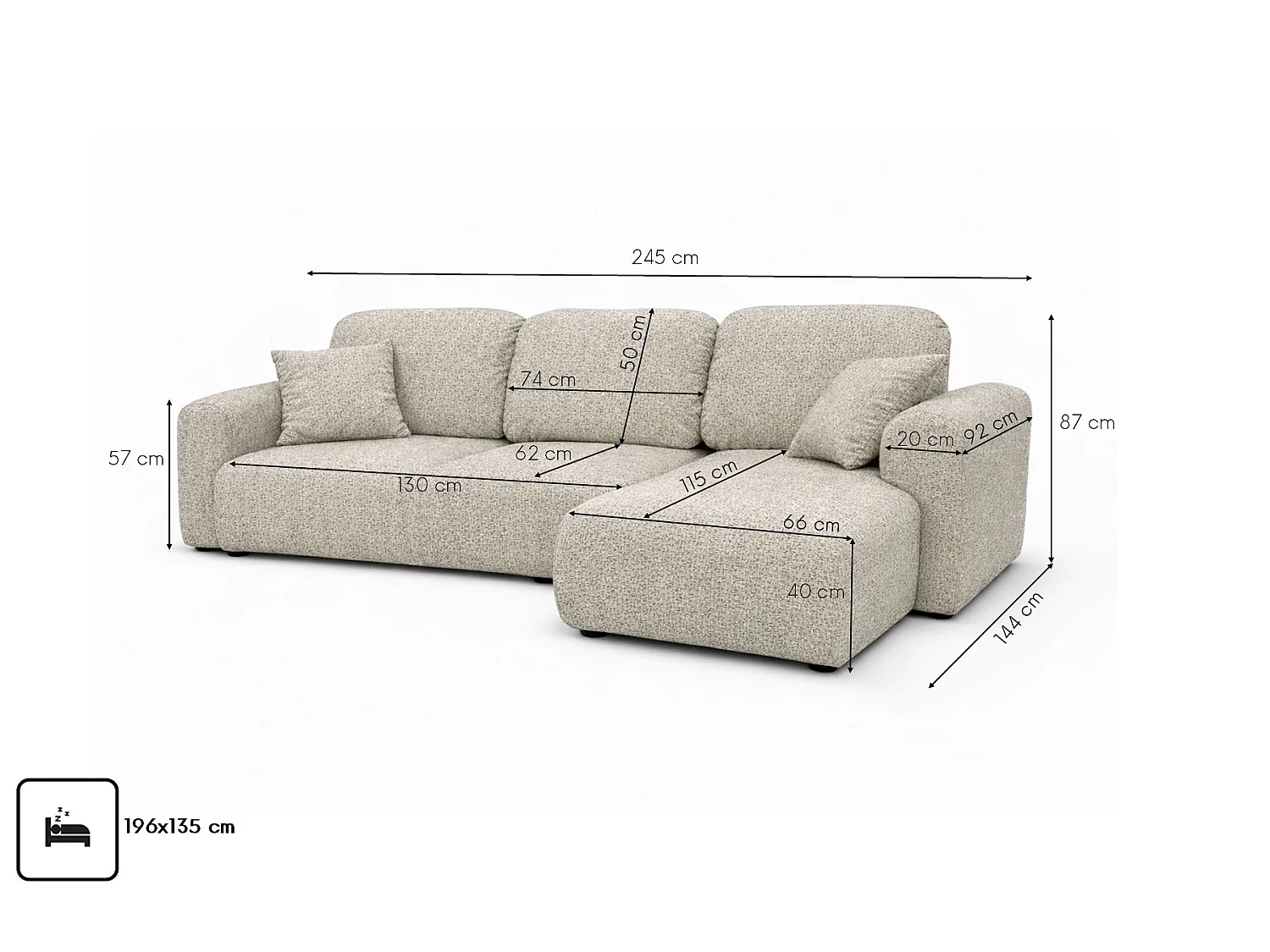 Divano angolare con funzione letto e contenitore, Divano a L Bingo L, tessuto chenille Artico, Nata, Destra