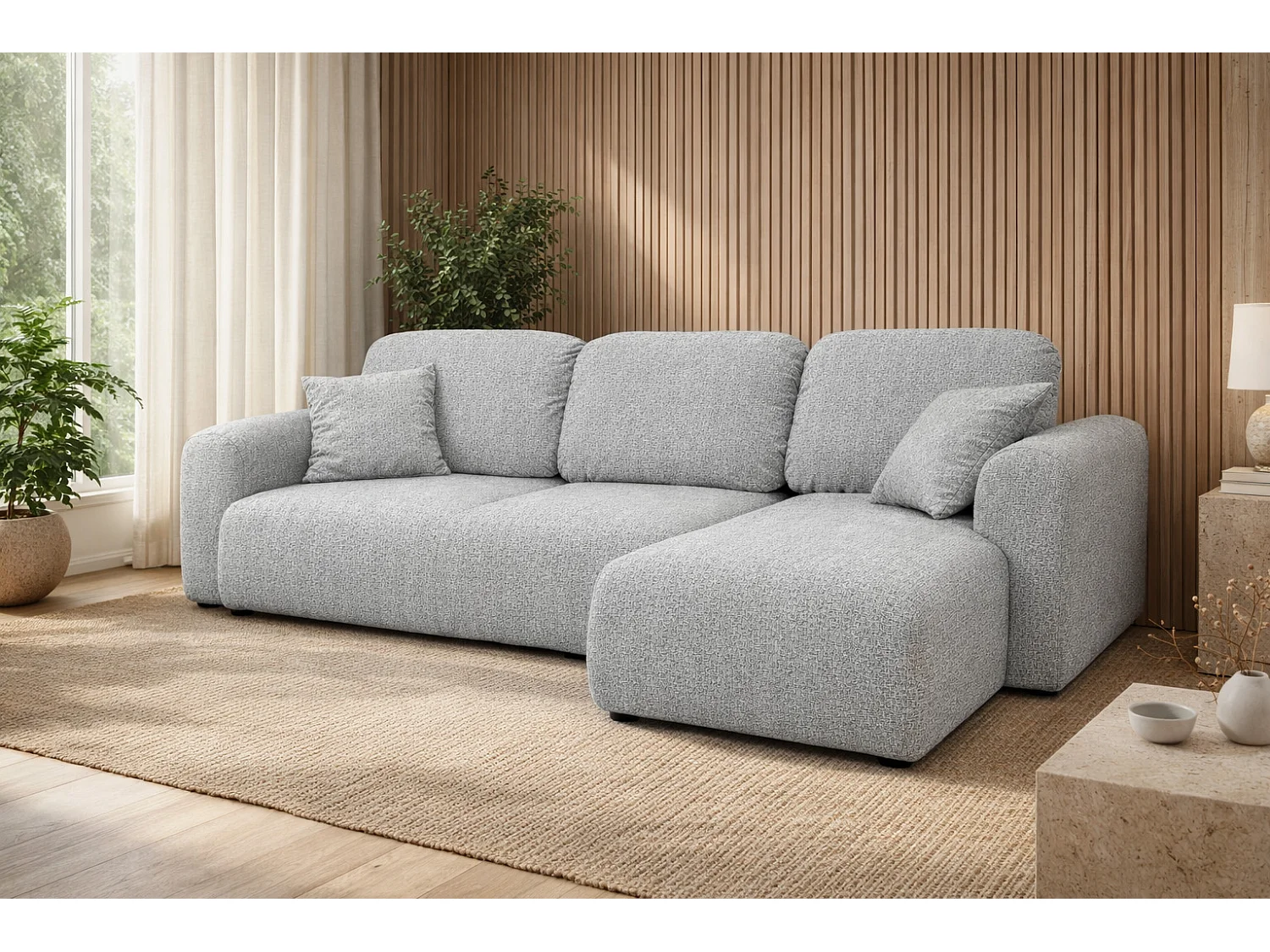 Divano angolare con funzione letto e contenitore, Divano a L Bingo L, tessuto chenille Artico, Cemento, Destra