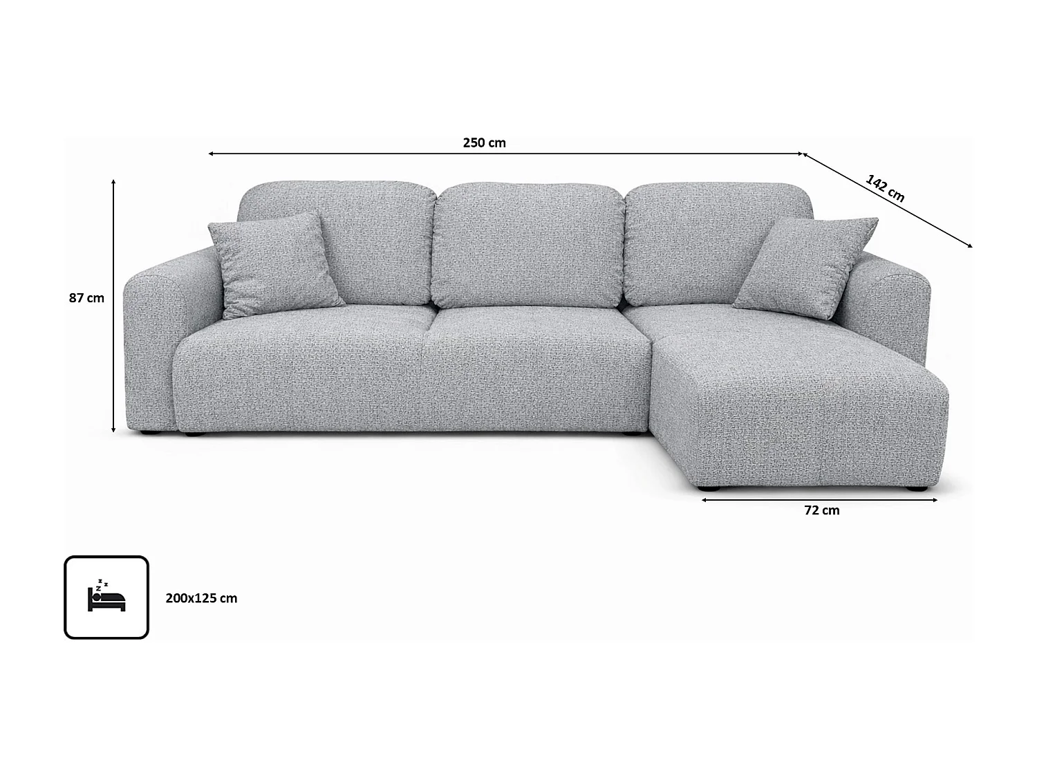 Divano angolare con funzione letto e contenitore, Divano a L Bingo L, tessuto chenille Artico, Cemento, Destra