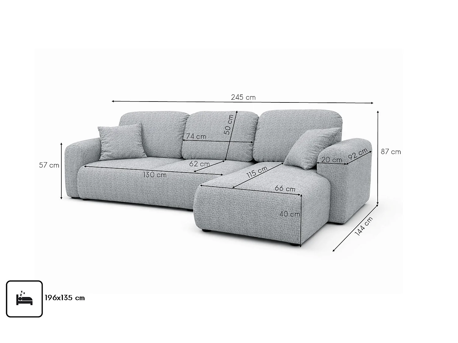 Divano angolare con funzione letto e contenitore, Divano a L Bingo L, tessuto chenille Artico, Cemento, Destra