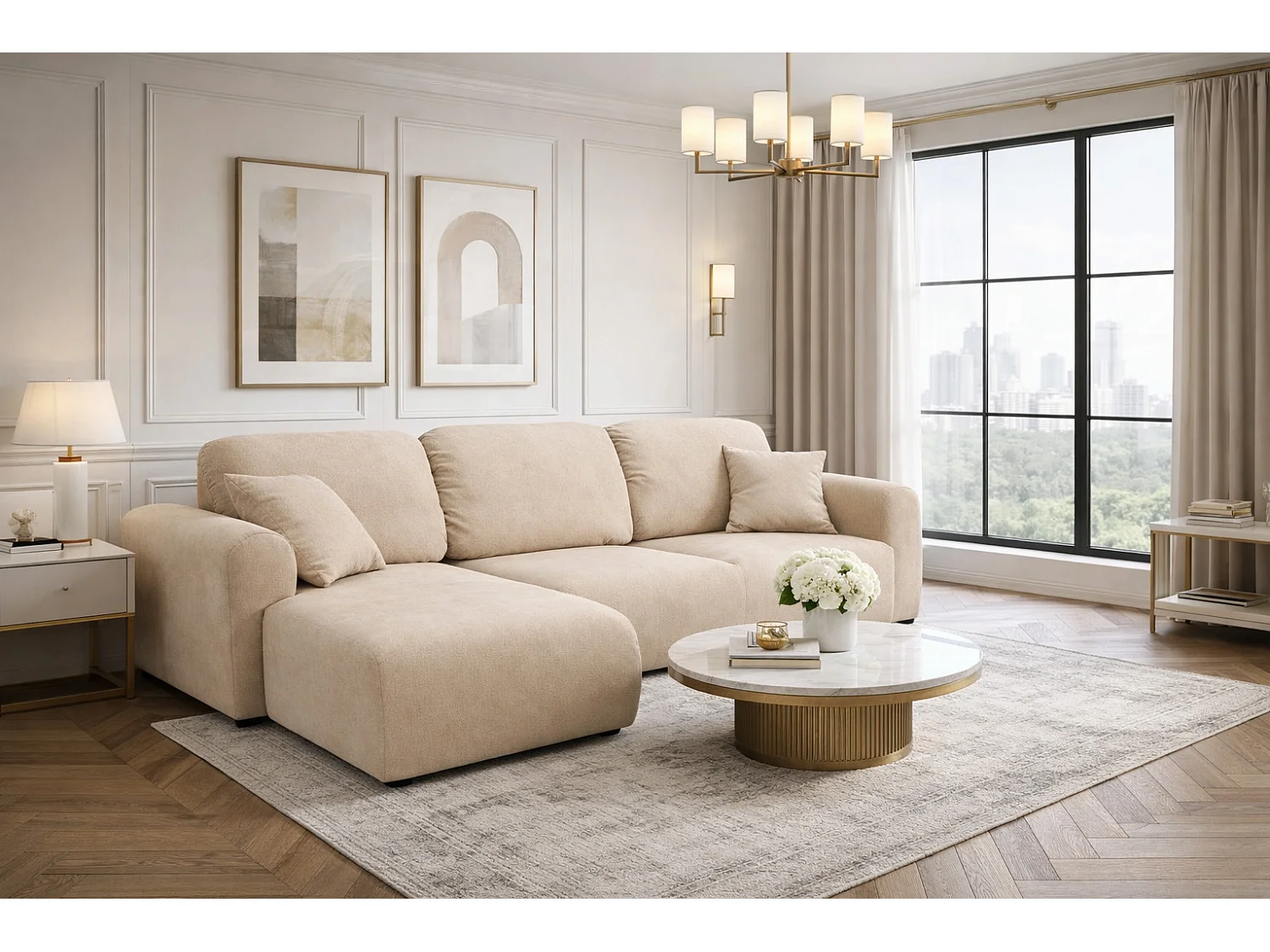 Narożnik w kształcie L z funkcją spania i pojemnikiem Bingo L, tkanina welurowa Salvador, Beżowy, Lewy