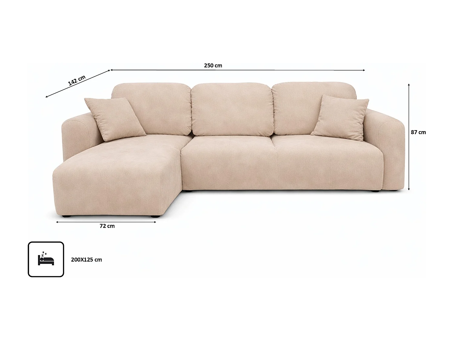 Narożnik w kształcie L z funkcją spania i pojemnikiem Bingo L, tkanina welurowa Salvador, Beżowy, Lewy