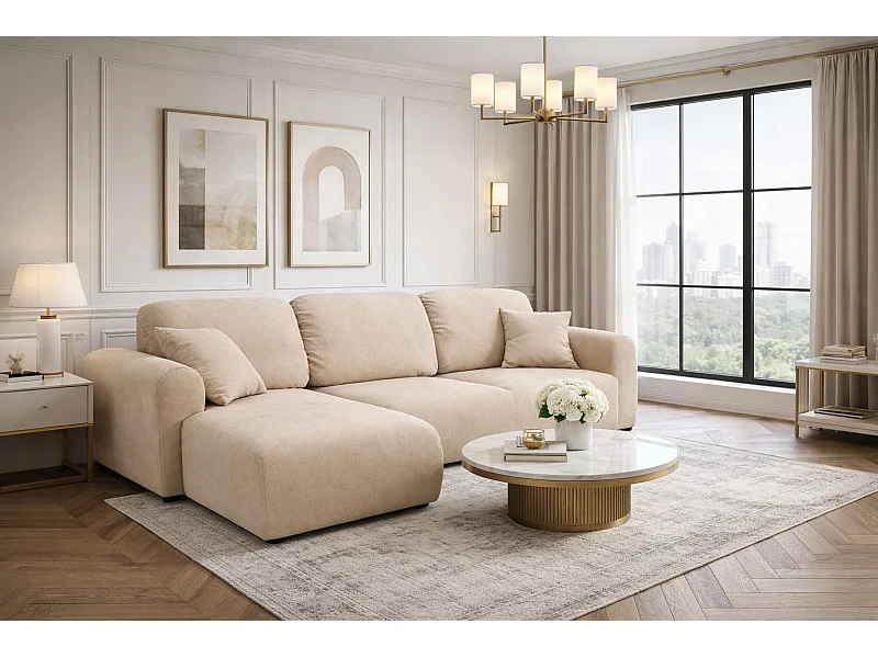 Divano angolare con funzione letto e contenitore, Divano a L Bingo L, tessuto vellutato Salvador, Beige, Sinistra