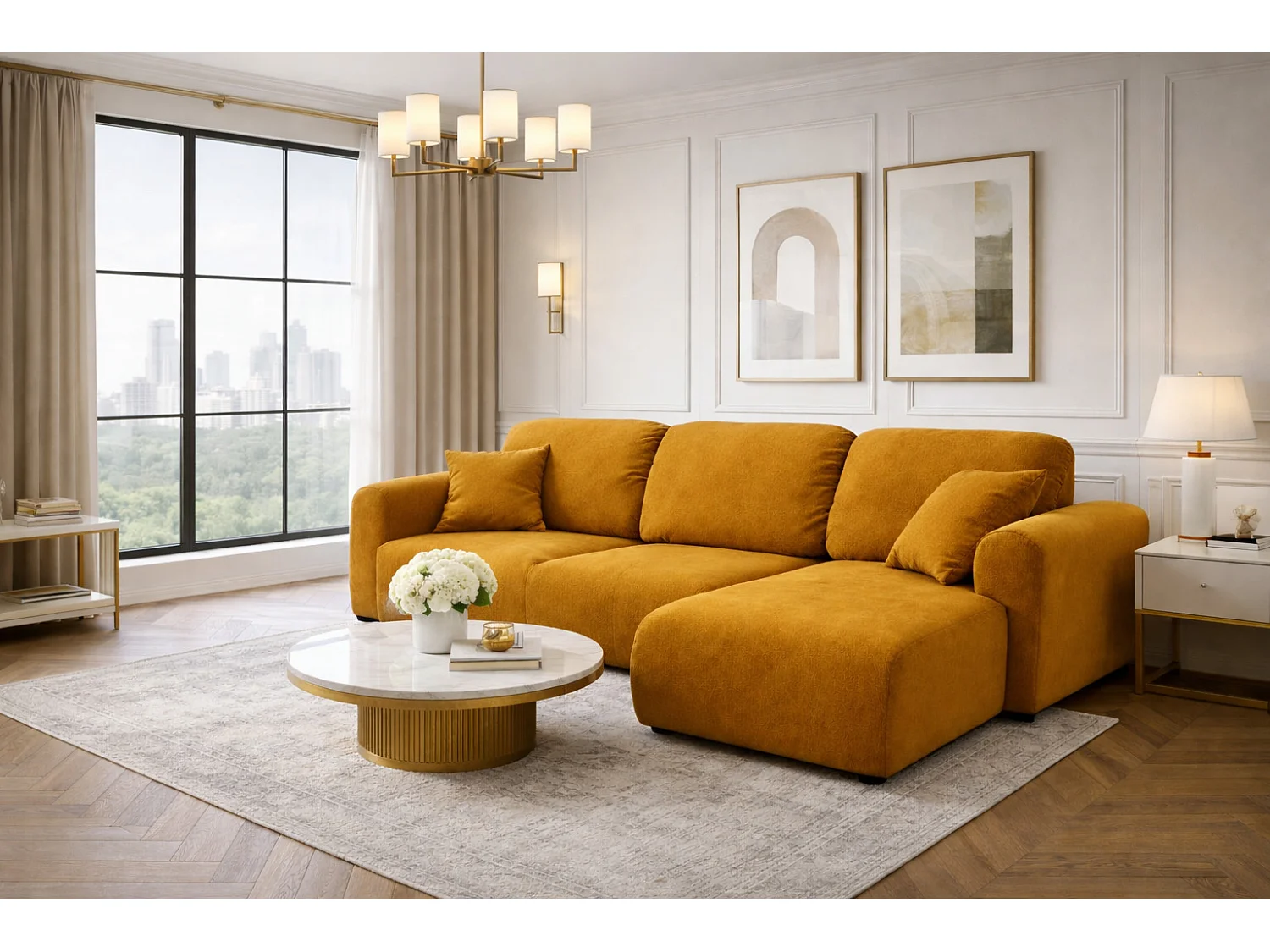 Narożnik w kształcie L z funkcją spania i pojemnikiem Bingo L, tkanina welurowa Salvador, Żółty, Prawy