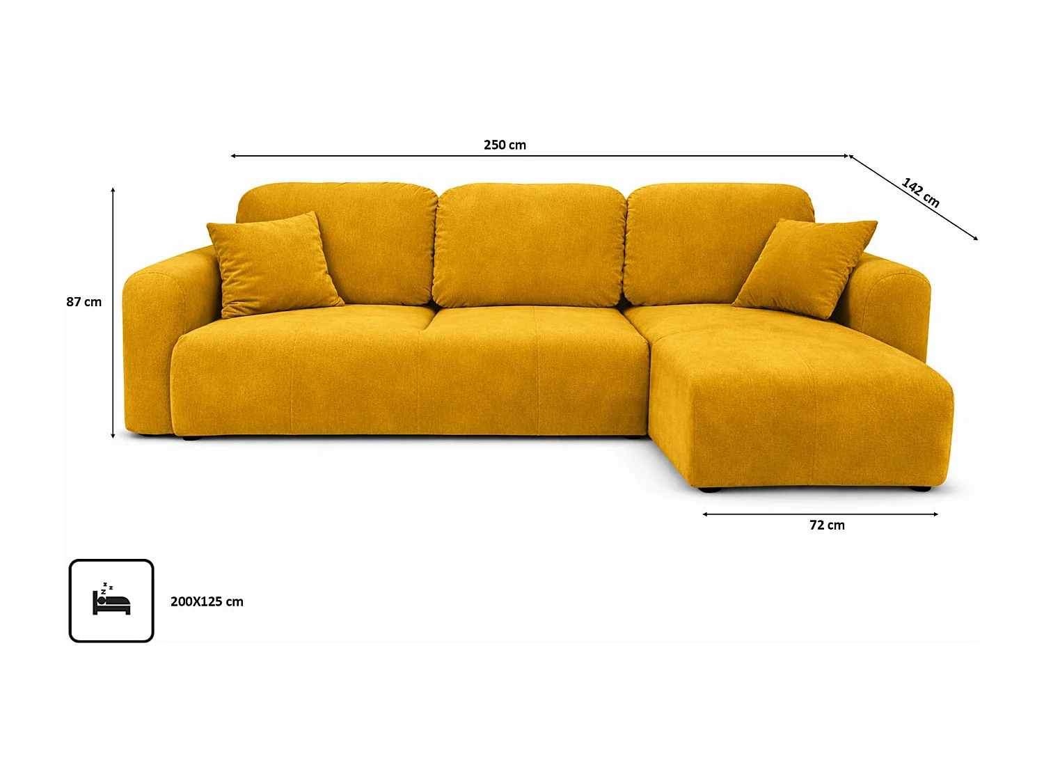 Narożnik w kształcie L z funkcją spania i pojemnikiem Bingo L, tkanina welurowa Salvador, Żółty, Prawy