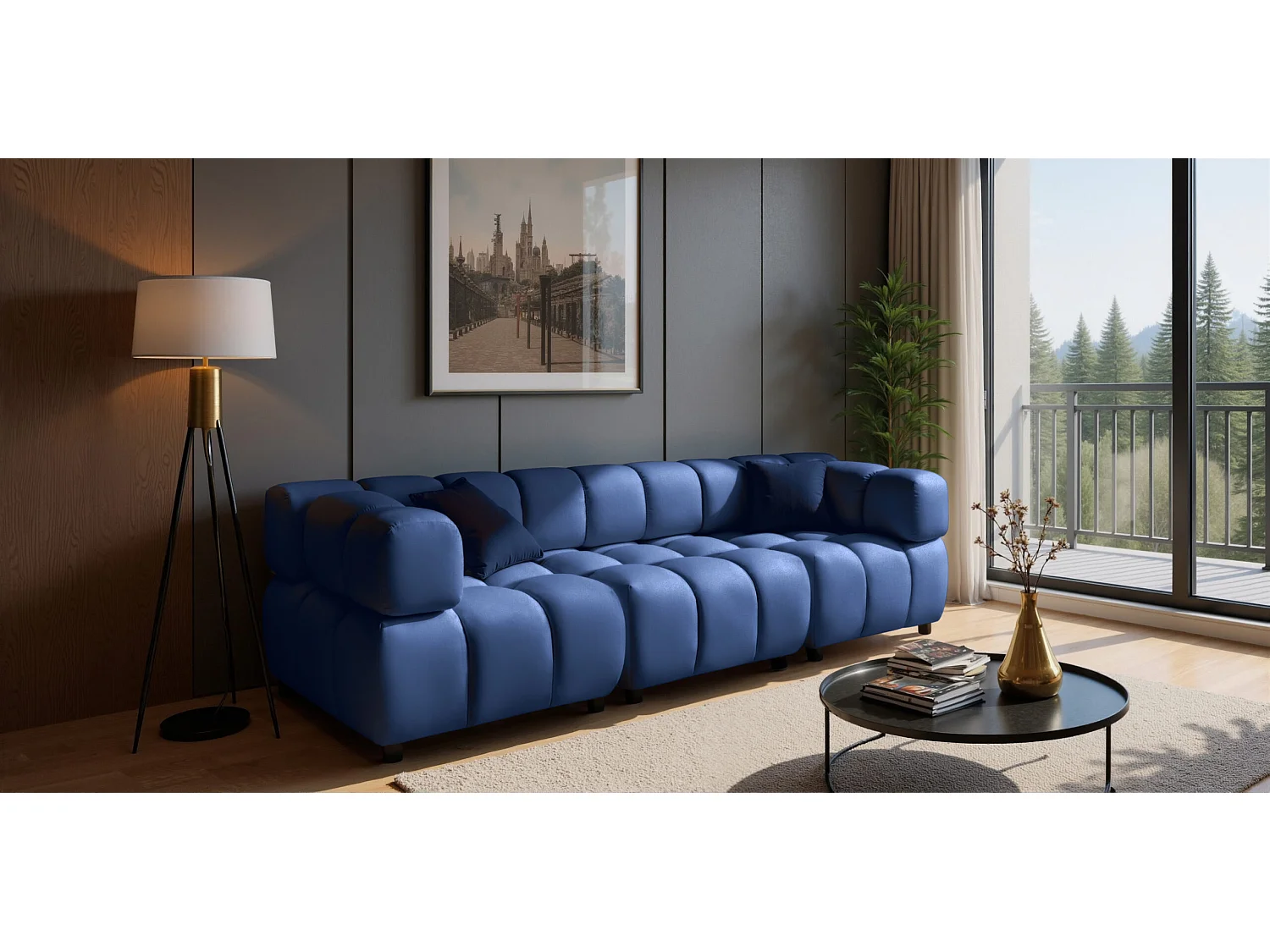 Canapé modulaire 4 places, Velours Bluvel, Bleu encre, Bolla