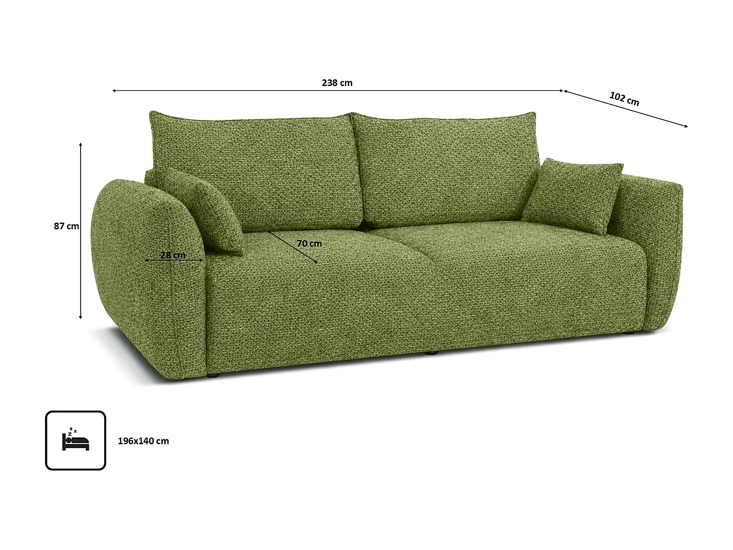 Sofa z funkcją spania i pojemnikiem, tkanina szenilowa Artico, Moss, Zephira