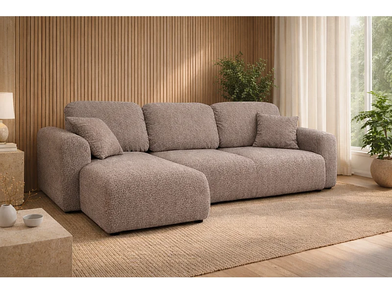 Divano angolare con funzione letto e contenitore, Divano a L Bingo L, tessuto chenille Artico, Beige, Sinistra