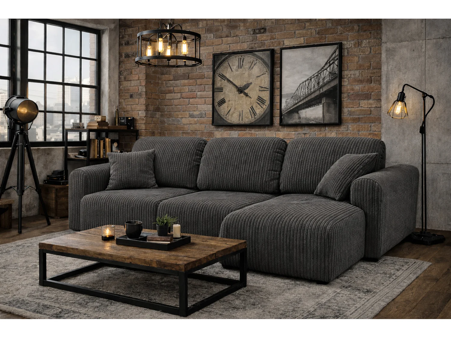 Narożnik w kształcie L z funkcją spania i pojemnikiem Bingo L, tkanina sztruksowa Poso, Szary, Prawy