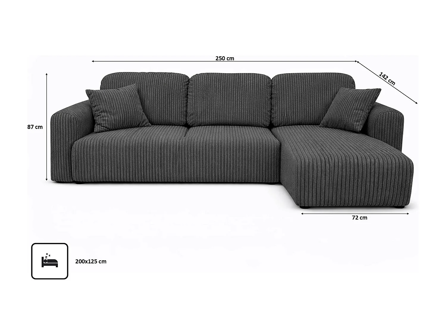 Narożnik w kształcie L z funkcją spania i pojemnikiem Bingo L, tkanina sztruksowa Poso, Szary, Prawy