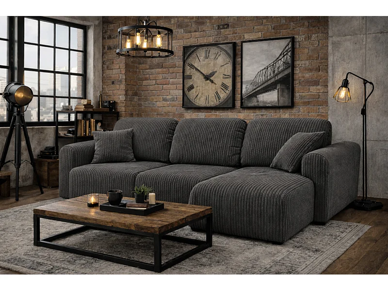 Divano angolare con funzione letto e contenitore, Divano a L Bingo L, tessuto a coste Poso, Grigio, Destra