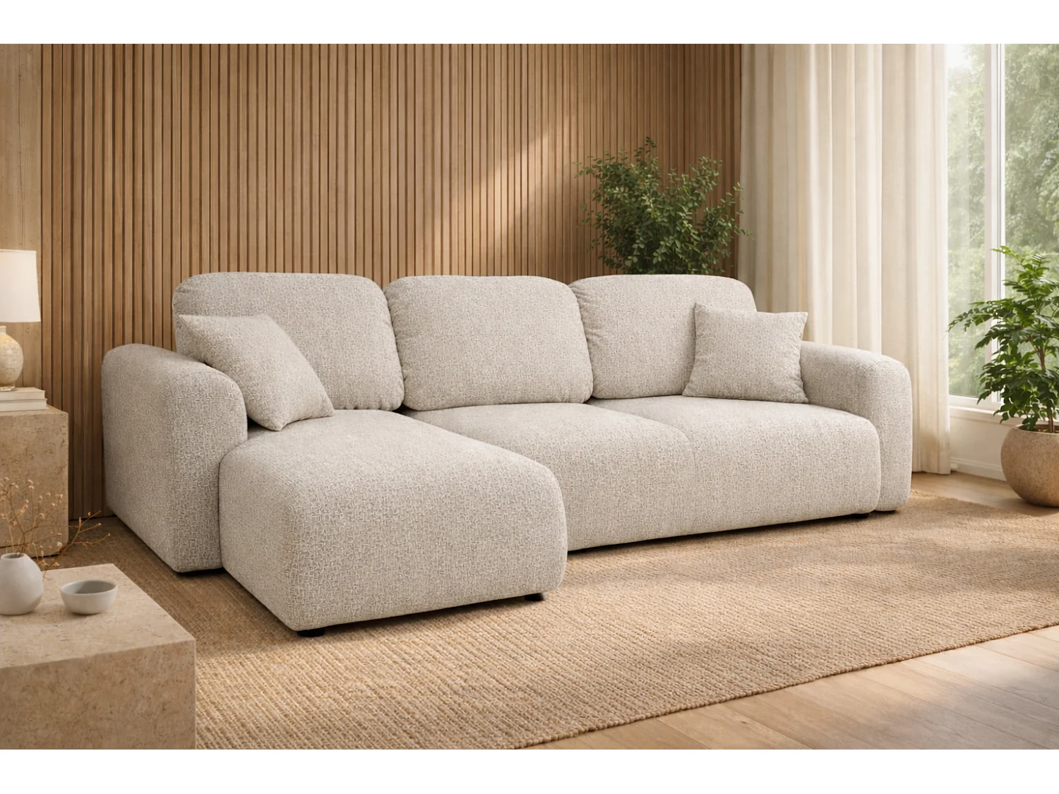 Divano angolare con funzione letto e contenitore, Divano a L Bingo L, tessuto chenille Artico, Nata, Sinistra