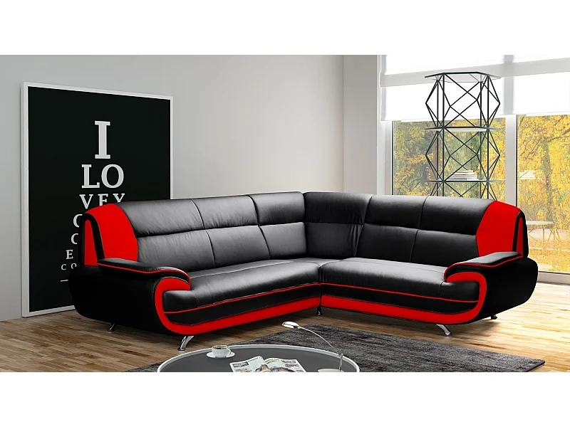 Canapé d’angle en L, tissu Soft, noir + rouge, droite, Palermo