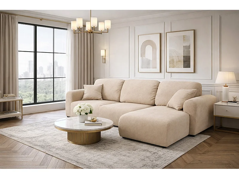 Canapé d’angle avec fonction couchage et coffre de rangement, Canapé en L Bingo L, velours Salvador, Beige, Droite