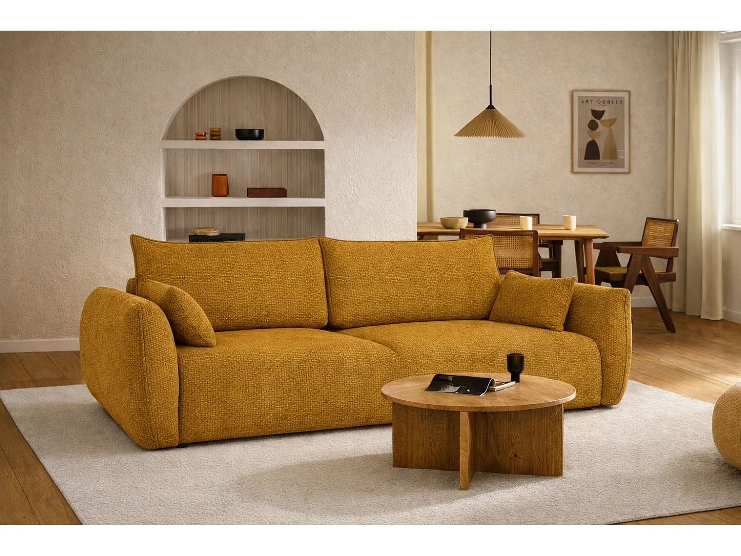 Bank met slaapfunctie en opbergruimte, chenille stof Flow, geel, Zephira