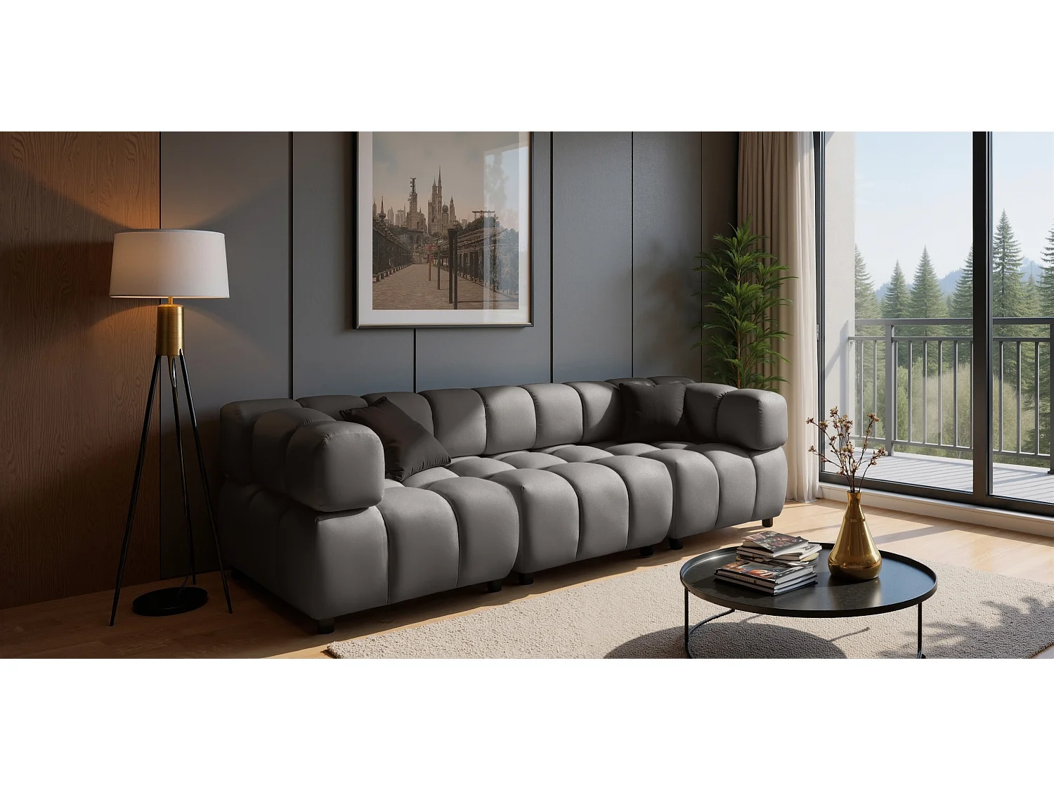 Canapé modulaire 4 places, Velours Bluvel, Gris cendré, Bolla