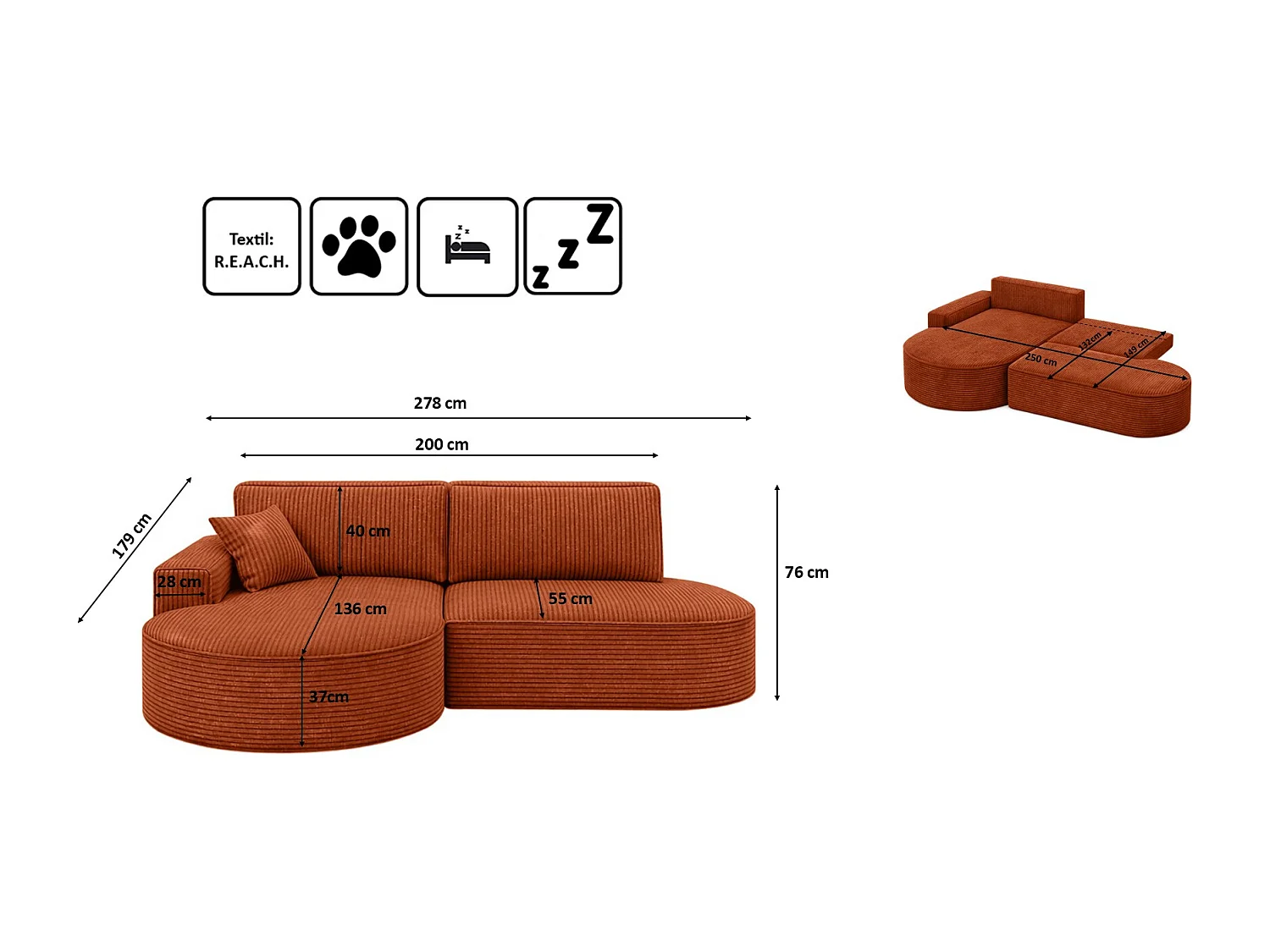 Canapé d’angle Modena Pro – confort et style au design moderne, tissu Poso, Cuivre, Gauche