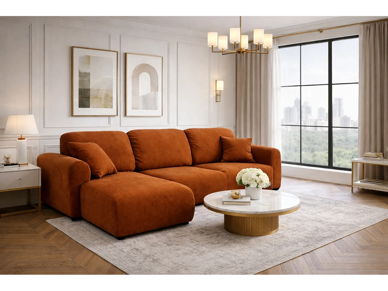 Narożnik w kształcie L z funkcją spania i pojemnikiem Bingo L, tkanina welurowa Salvador, Brązowy, Lewy