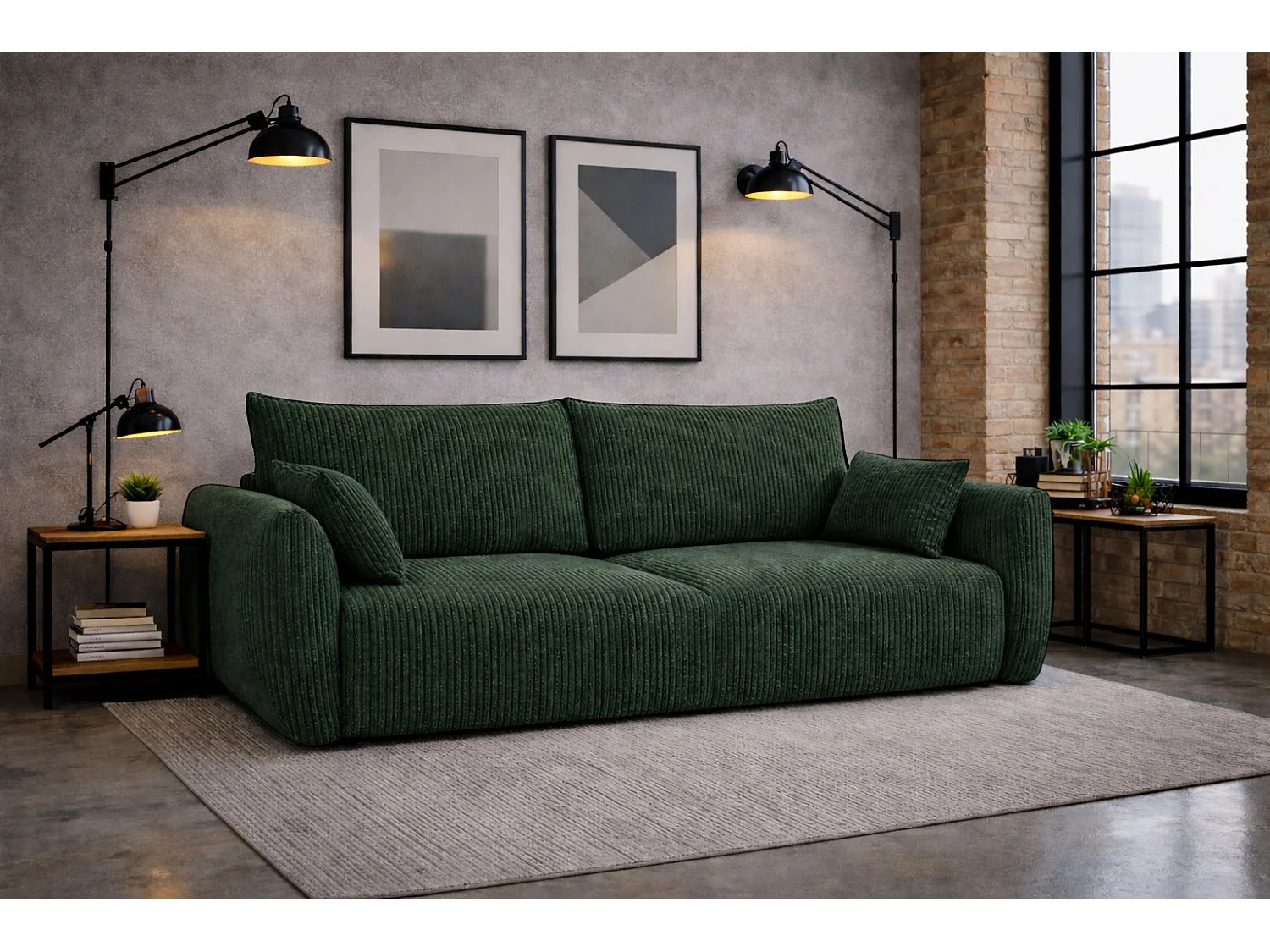 Sofa z funkcją spania i pojemnikiem, tkanina sztruksowa Poso, Zielony, Zephira