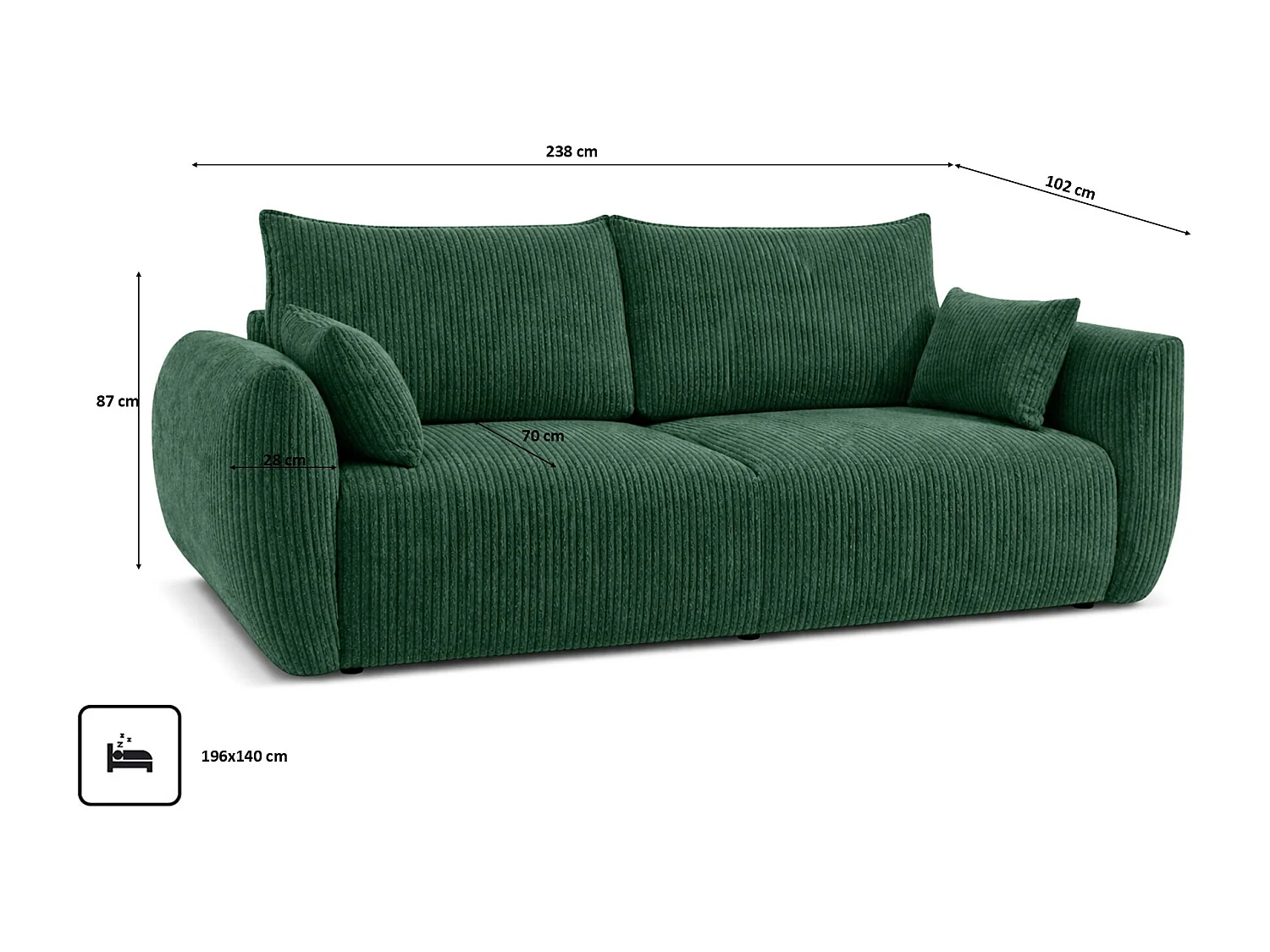 Sofa z funkcją spania i pojemnikiem, tkanina sztruksowa Poso, Zielony, Zephira