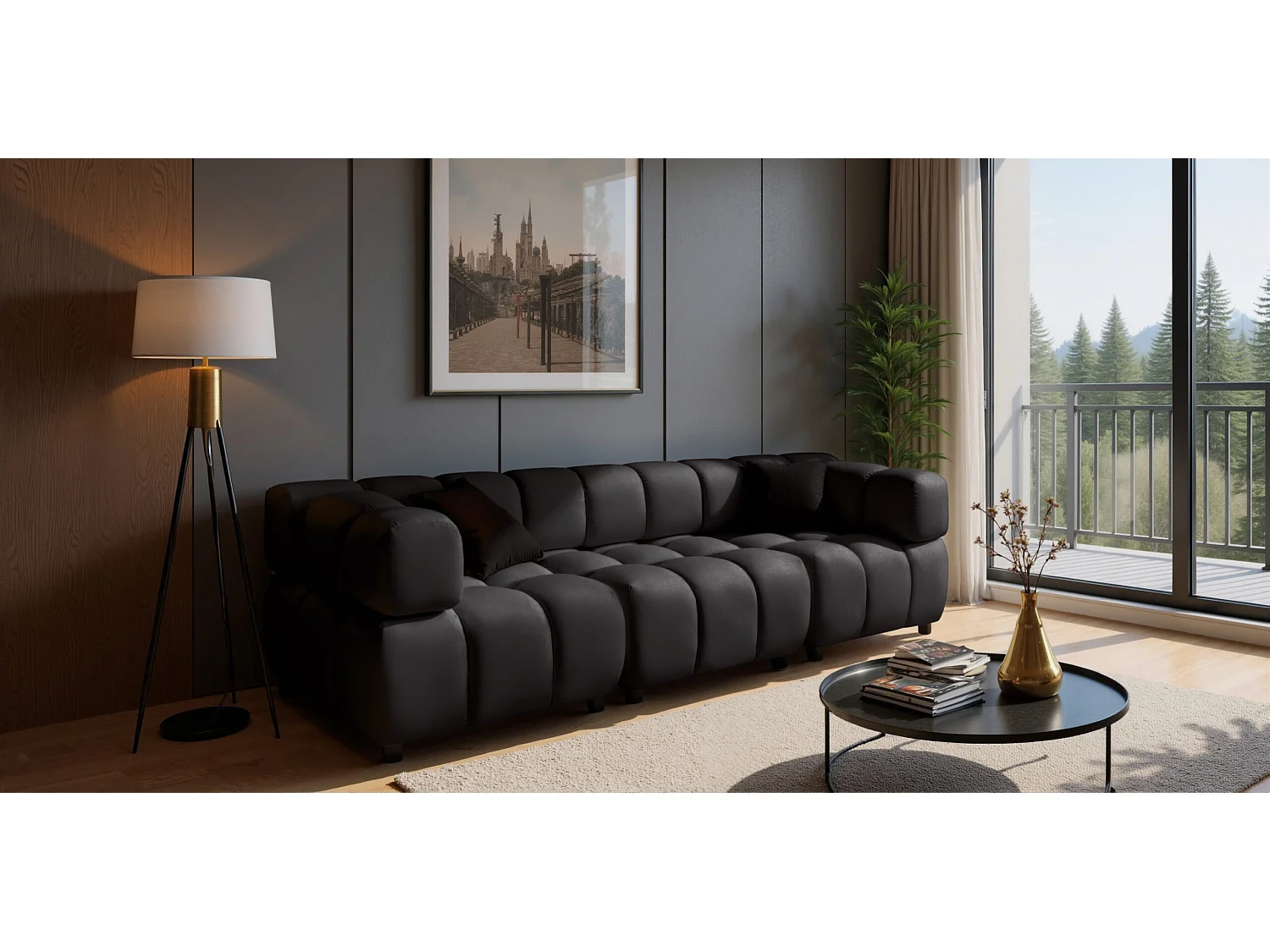 Canapé modulaire 4 places, Velours Bluvel, Noir, Bolla