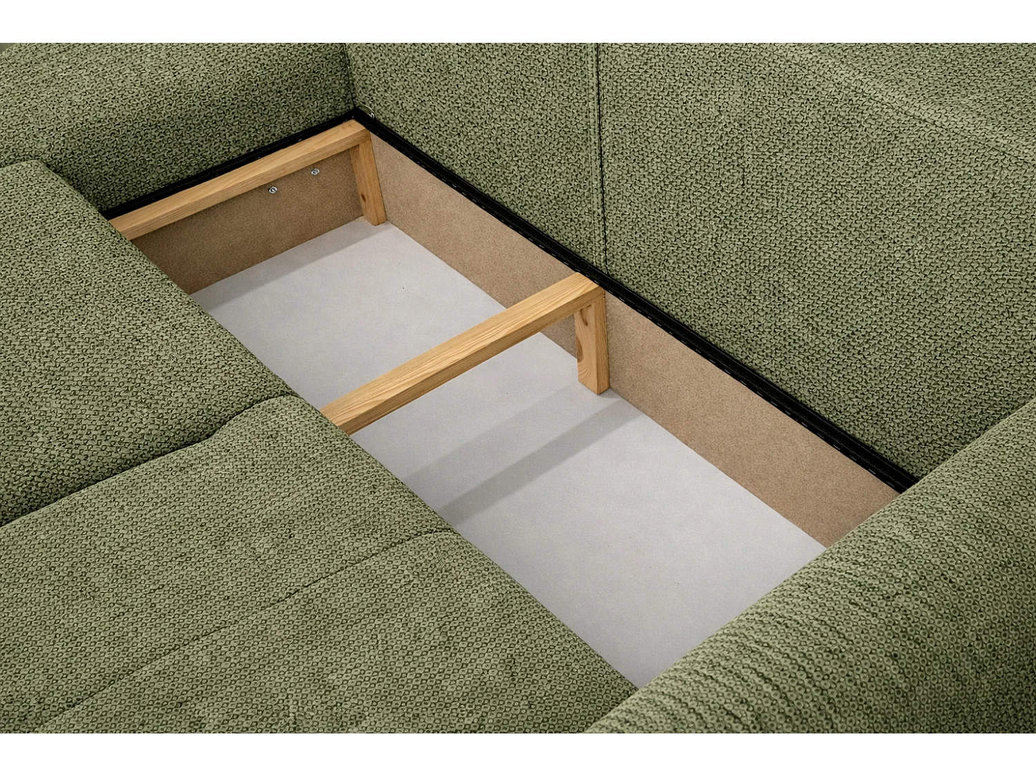 Divano angolare con funzione letto e contenitore, Divano a L Bingo L, tessuto chenille Artico, Muschio, Sinistra
