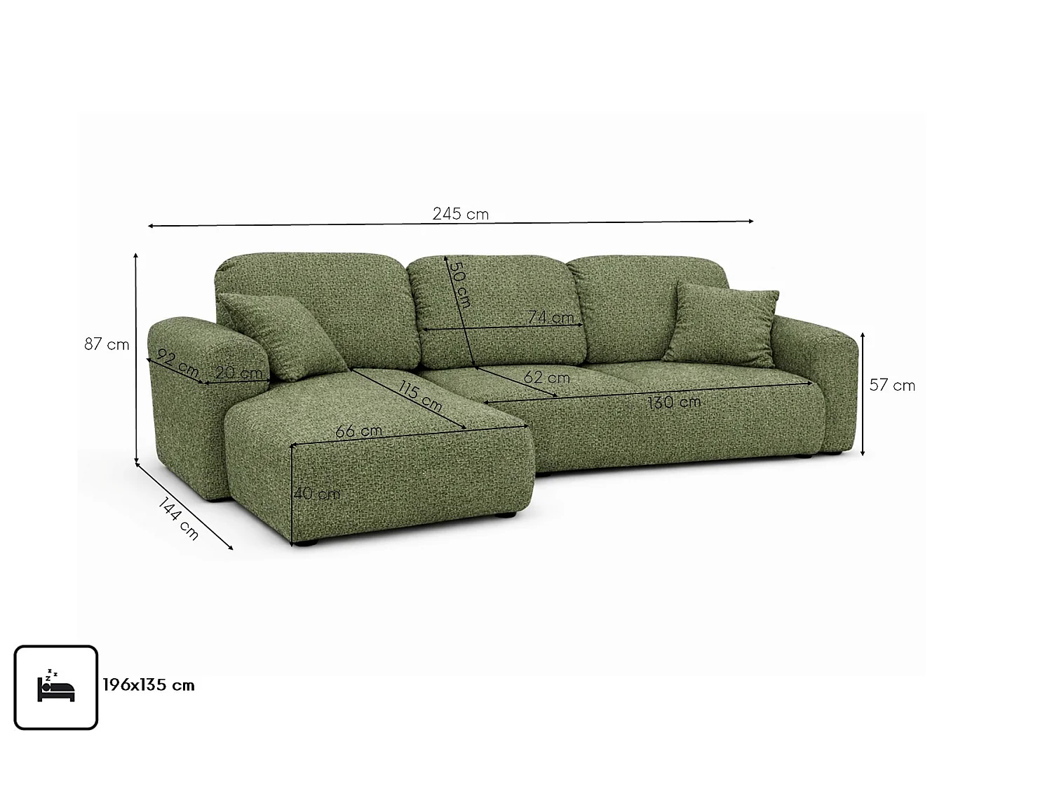 Divano angolare con funzione letto e contenitore, Divano a L Bingo L, tessuto chenille Artico, Muschio, Sinistra