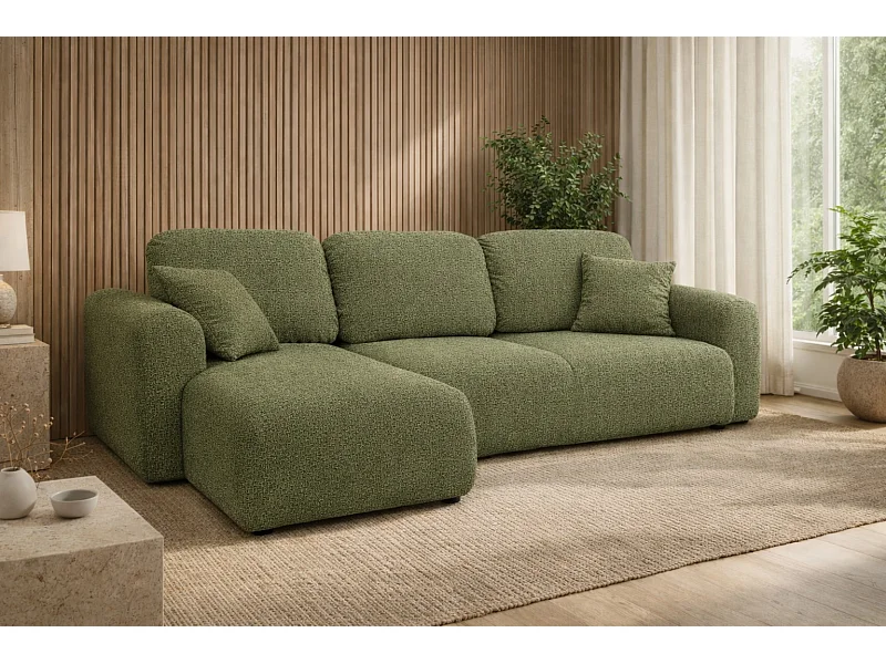 Divano angolare con funzione letto e contenitore, Divano a L Bingo L, tessuto chenille Artico, Muschio, Sinistra