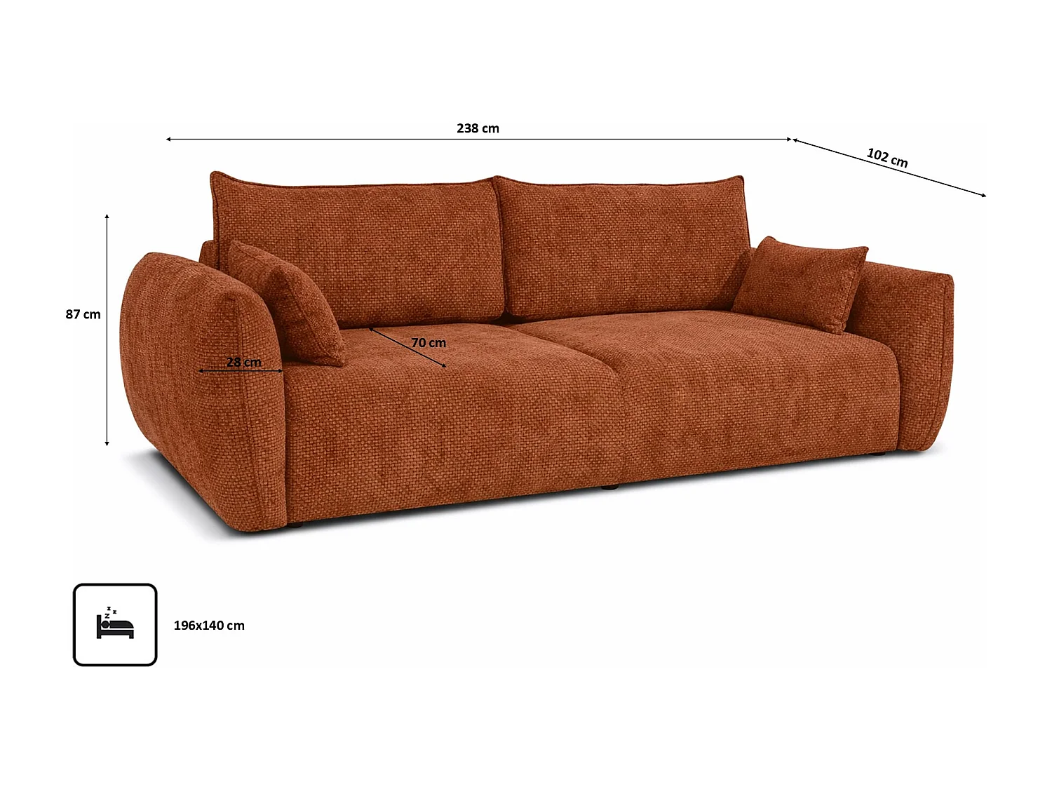 Bank met slaapfunctie en opbergruimte, chenille stof Flow, koper, Zephira