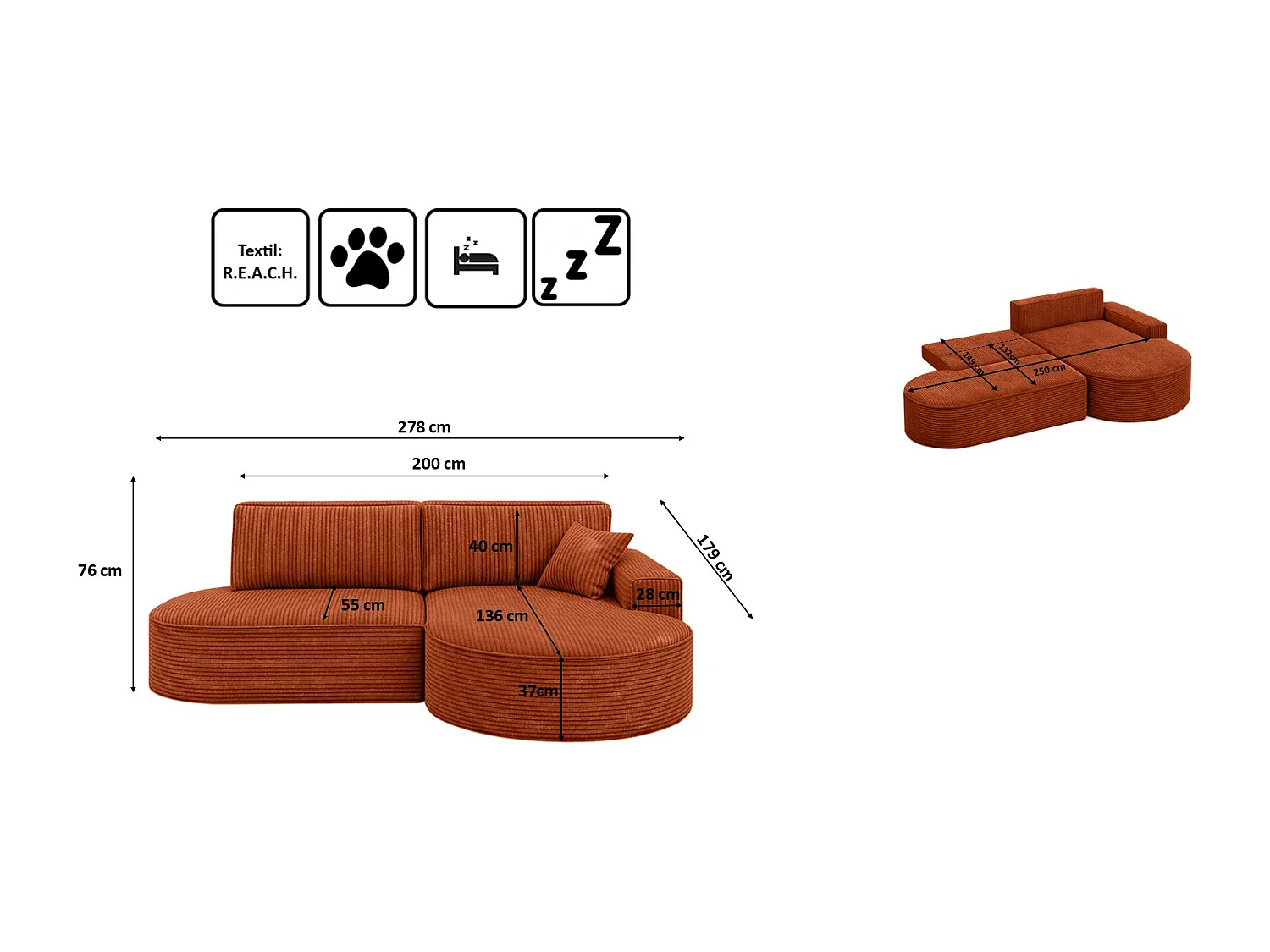 Canapé d’angle Modena Pro – confort et style au design moderne, tissu Poso, Cuivre, Droite