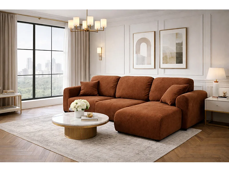 Hoekbank met slaapfunctie en opbergruimte, L-vormige bank Bingo L, velours Salvador, Donkerbruin, Rechts