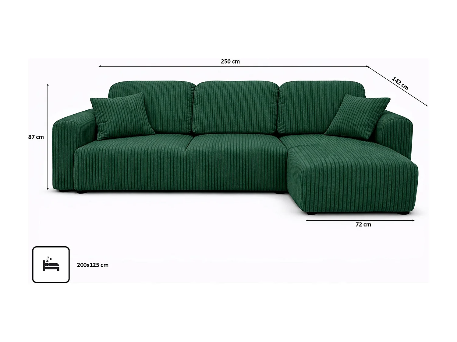 Narożnik w kształcie L z funkcją spania i pojemnikiem Bingo L, tkanina sztruksowa Poso, Zielony, Prawy