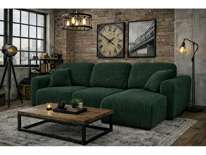 Divano angolare con funzione letto e contenitore, Divano a L Bingo L, tessuto a coste Poso, Verde, Destra