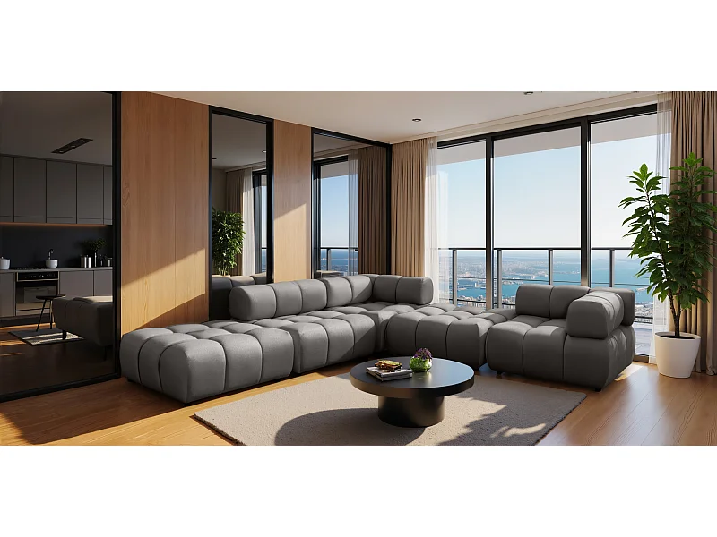 Modulaire hoekbank, Veloursstof Bluvel, Asgrijs, Links, Bolla