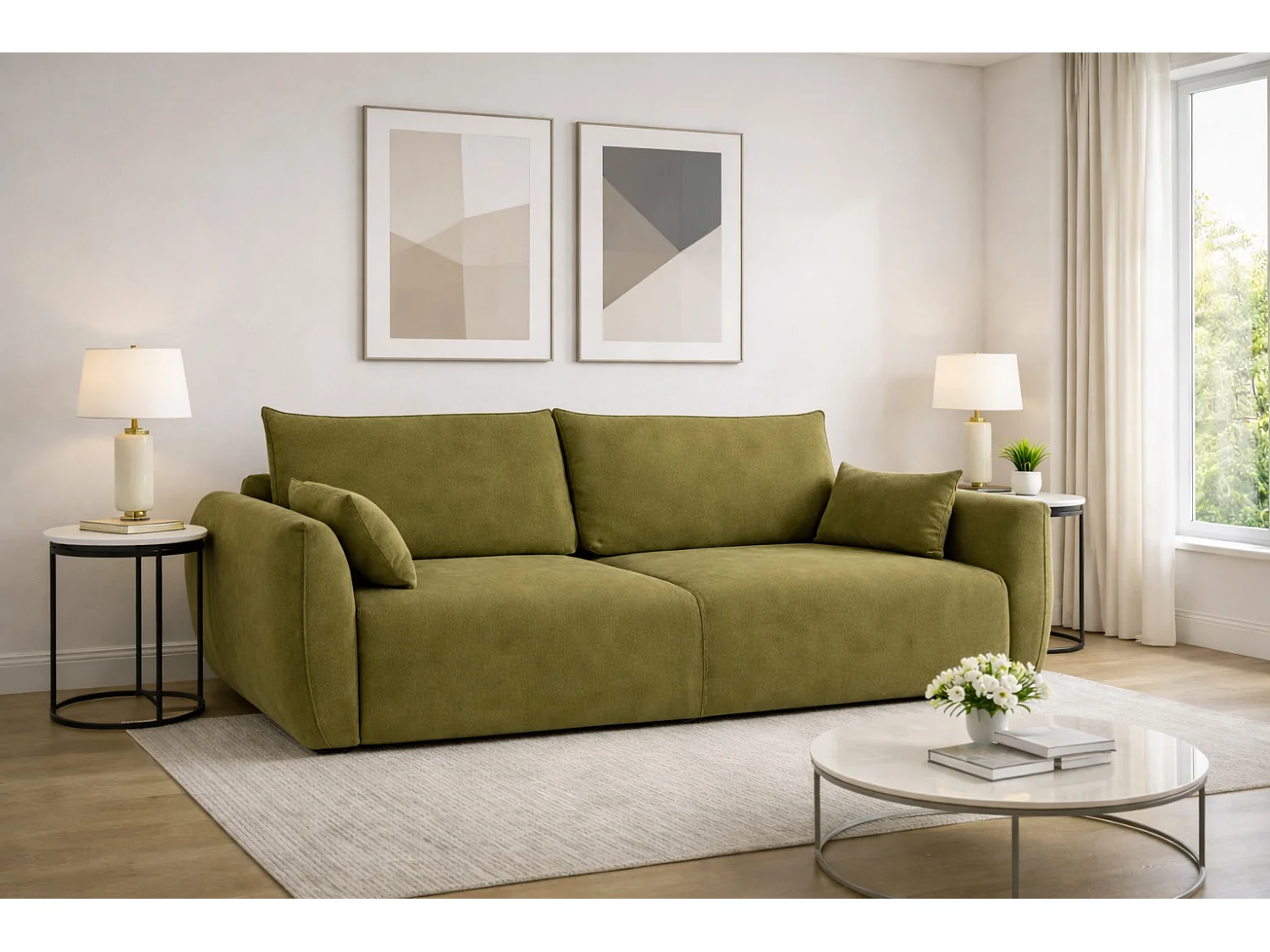 Sofa met slaapfunctie en opbergruimte, veloursstof Salvador, Olijfgroen, Zephira