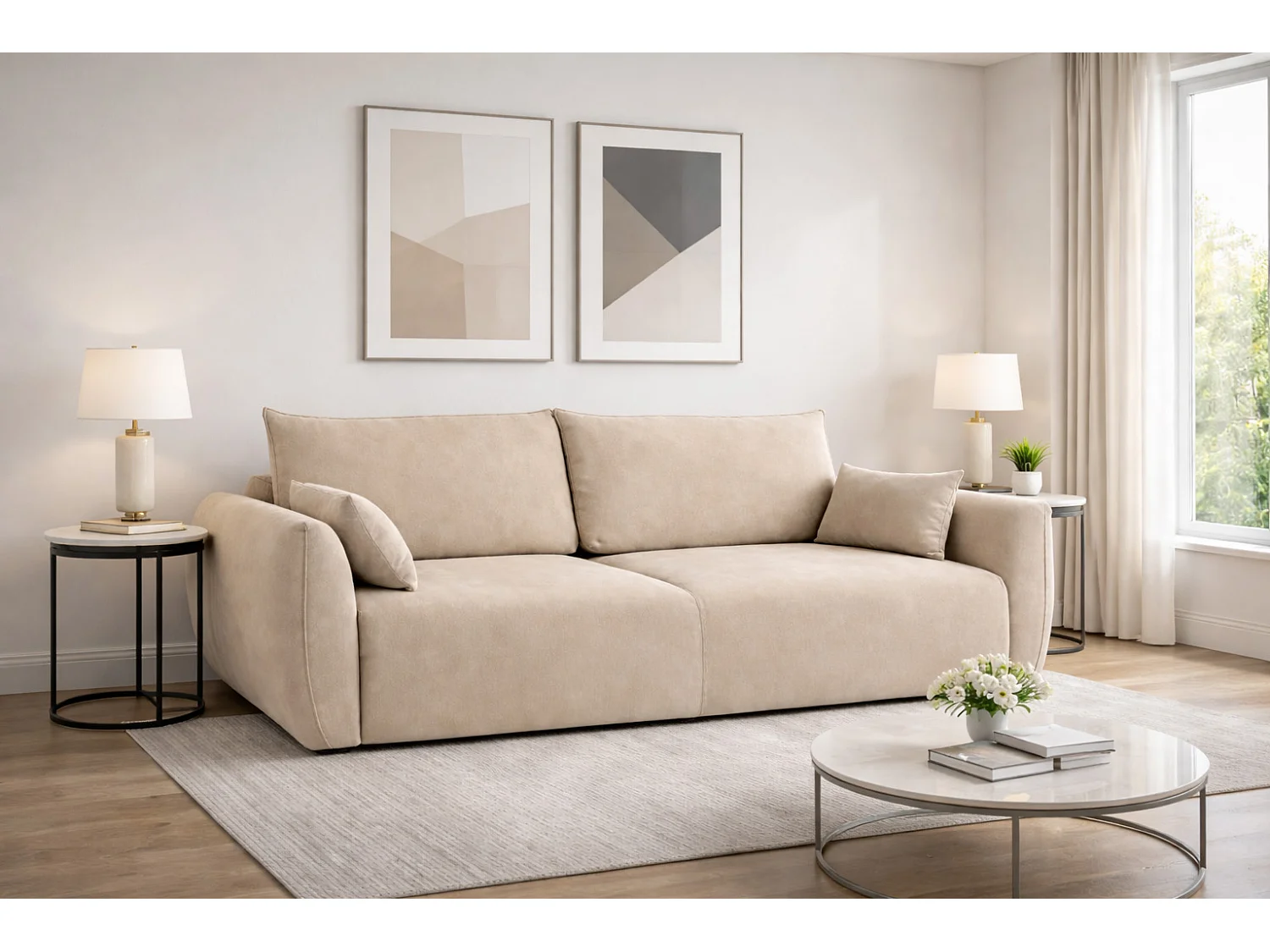 Sofa met slaapfunctie en opbergruimte, veloursstof Salvador, Beige, Zephira