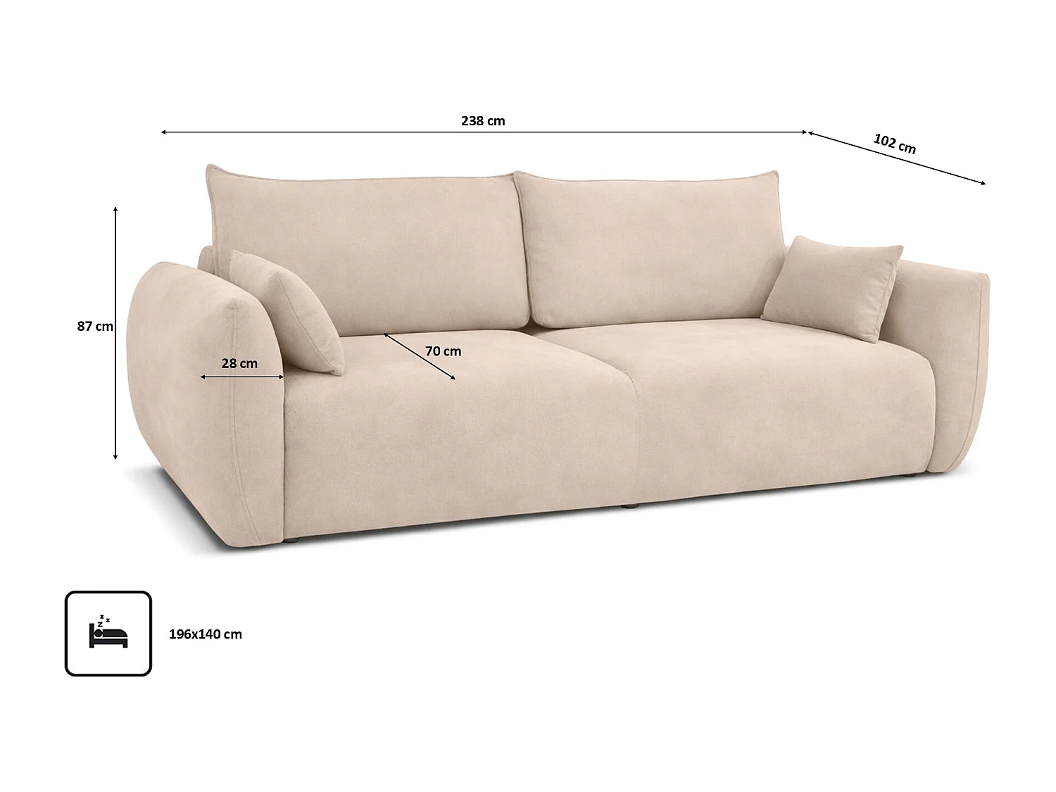 Sofa met slaapfunctie en opbergruimte, veloursstof Salvador, Beige, Zephira
