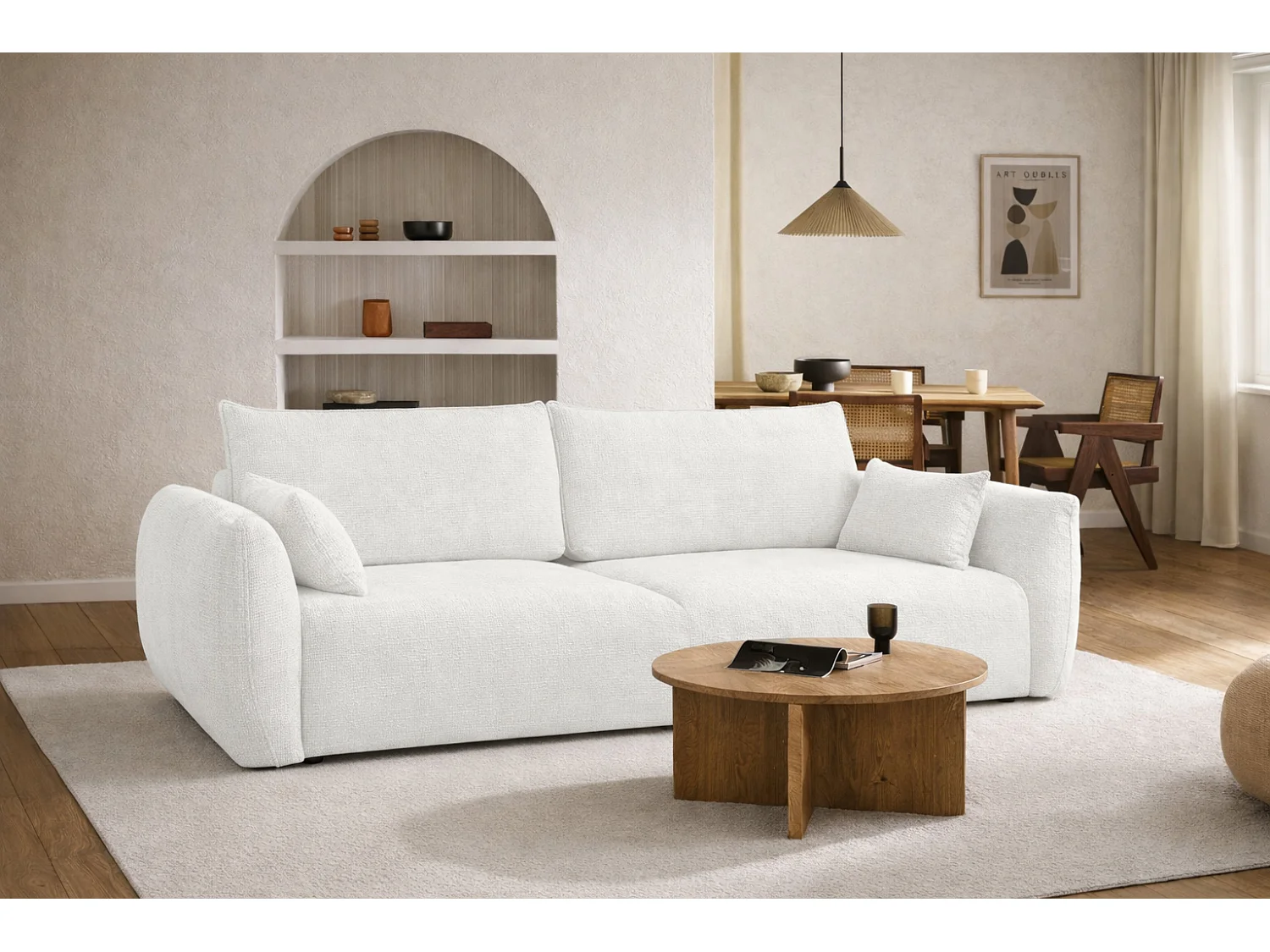 Bank met slaapfunctie en opbergruimte, chenille stof Flow, ecru, Zephira