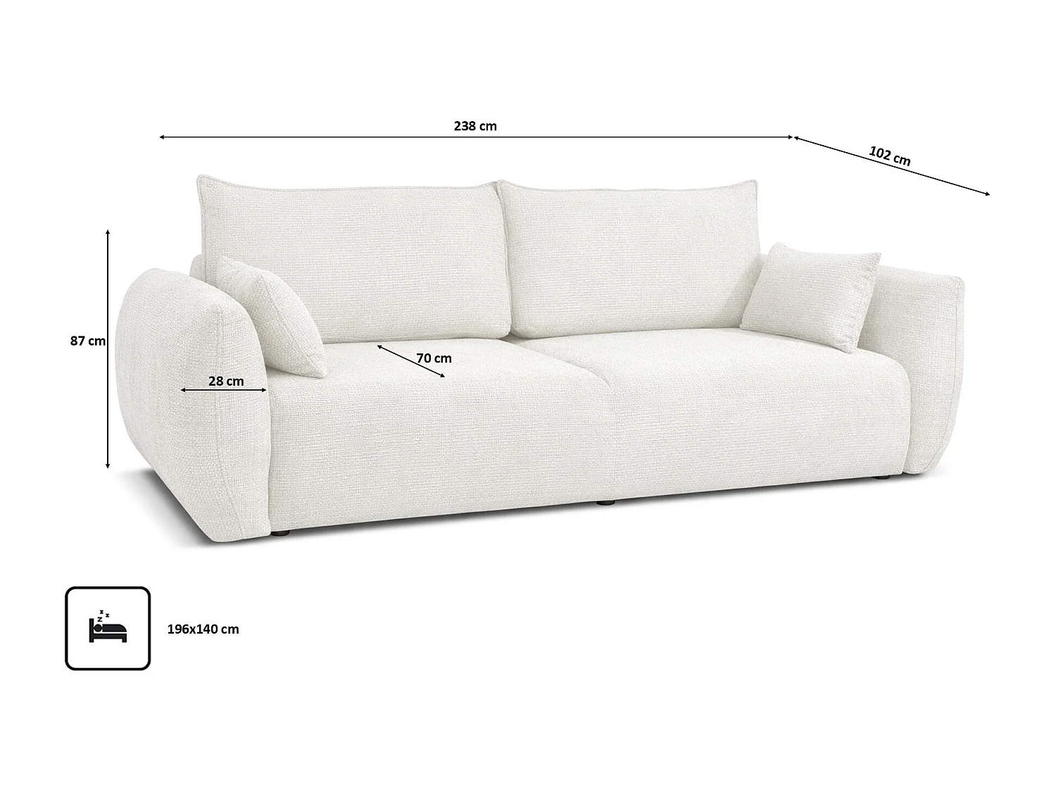 Bank met slaapfunctie en opbergruimte, chenille stof Flow, ecru, Zephira